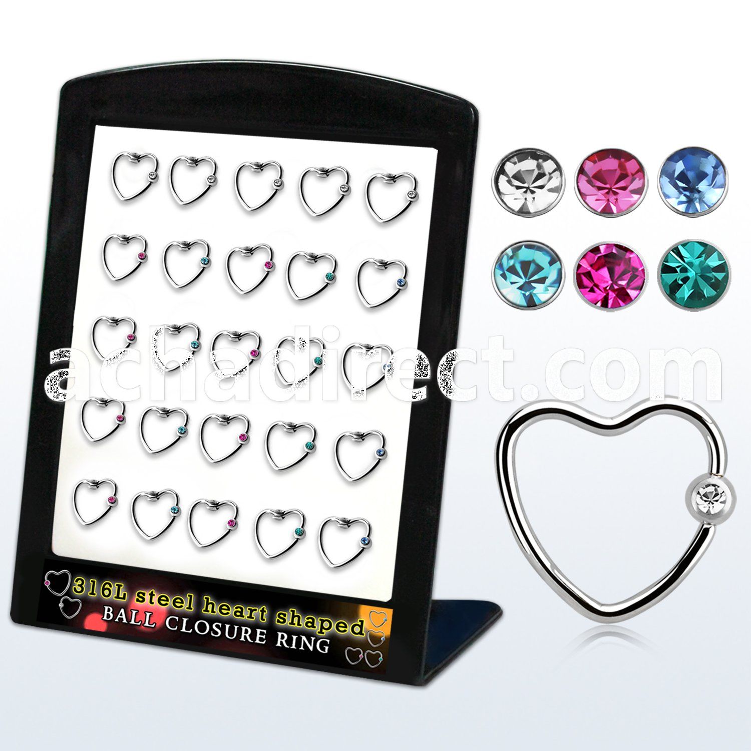 brpg233 display w 25 steel heart ball closure rings w 3mm ball