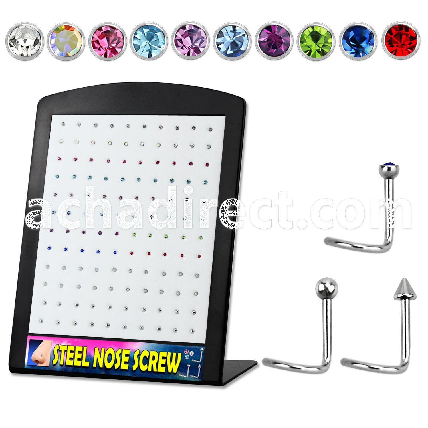 brs113 board of 316l steel nose screws w crystals balls cones