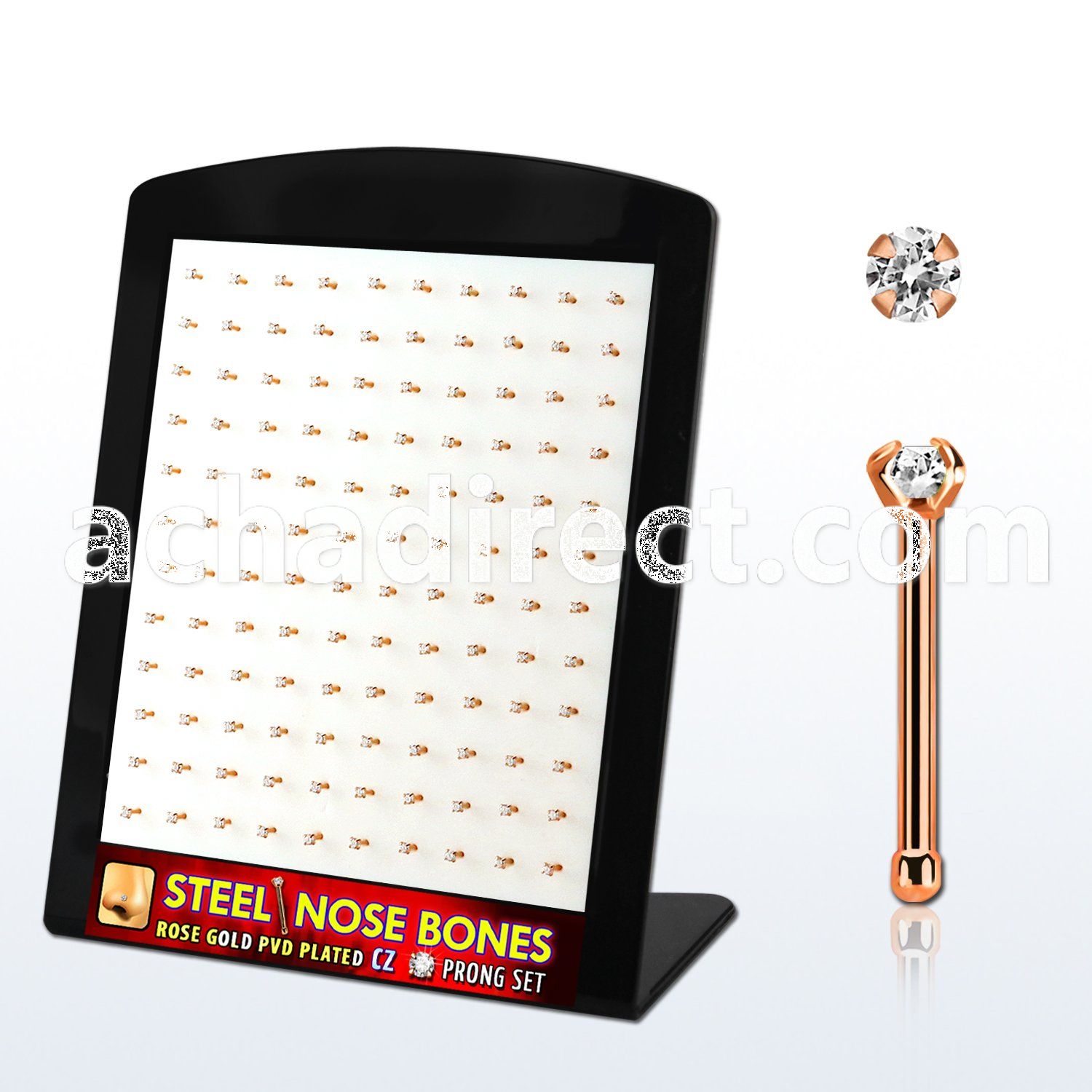 brs129 display w rose gold steel nose bones w 2mm clear czs