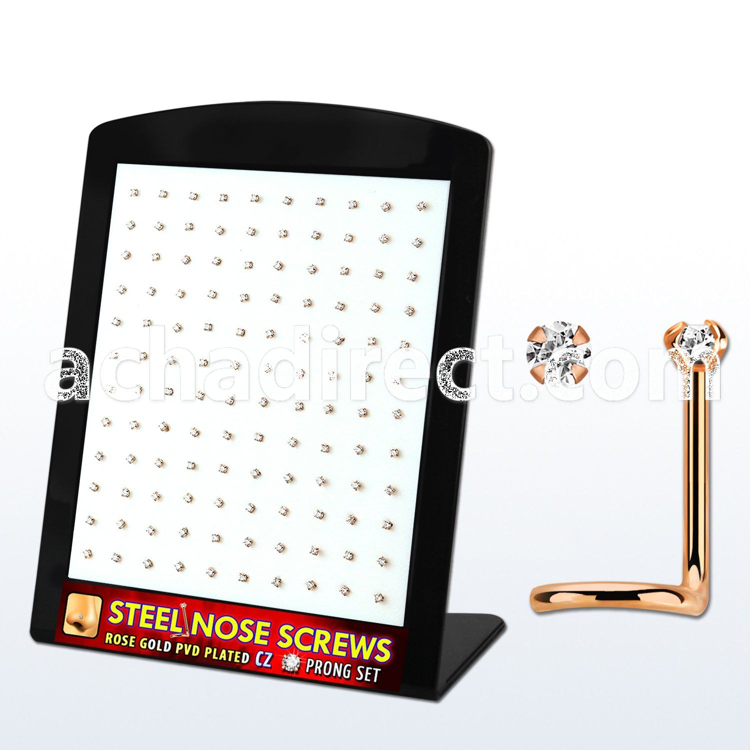brs131 display w rose gold steel nose screws w 2mm clear czs