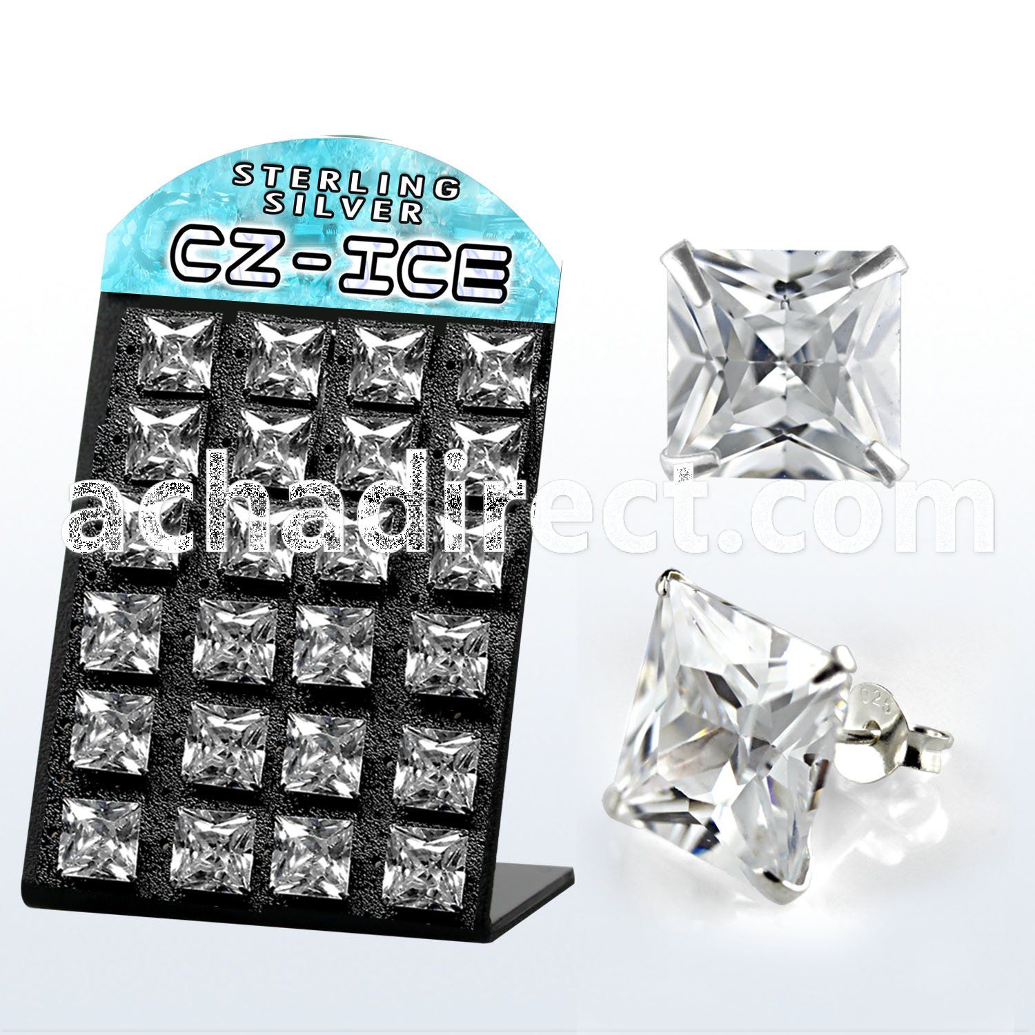 brsczsq9 silver ear stud with big clear prong set square cz stone