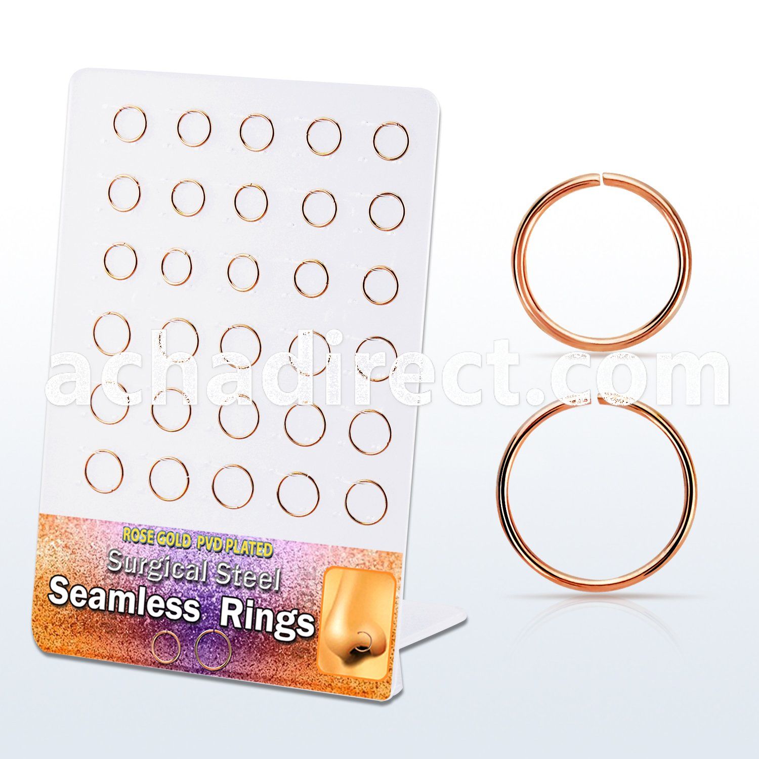 brsel10 board w 30 pcs rose gold plated 316l steel seamless ring