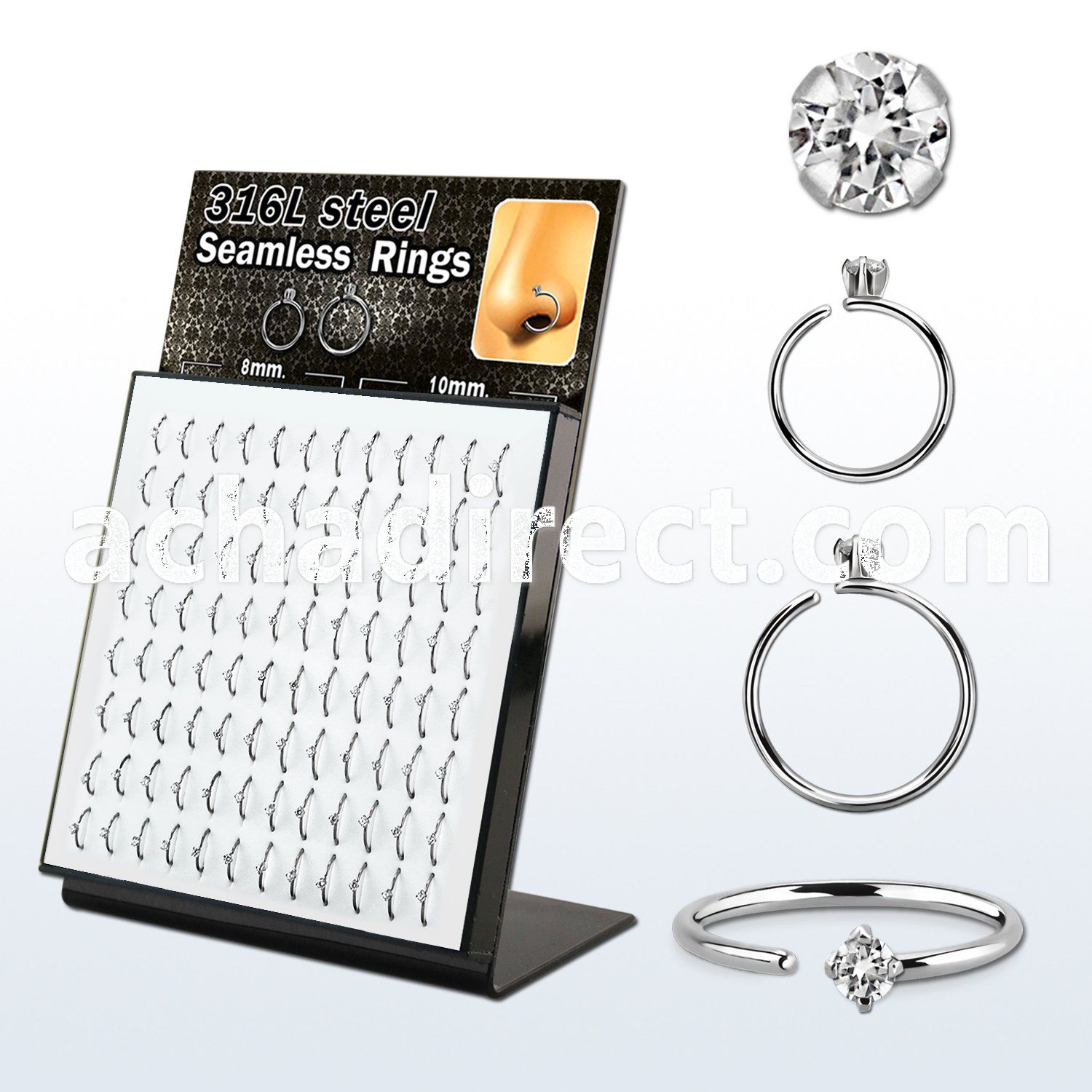 brselz1 display w 316l steel seamless ring 20g w clear cz