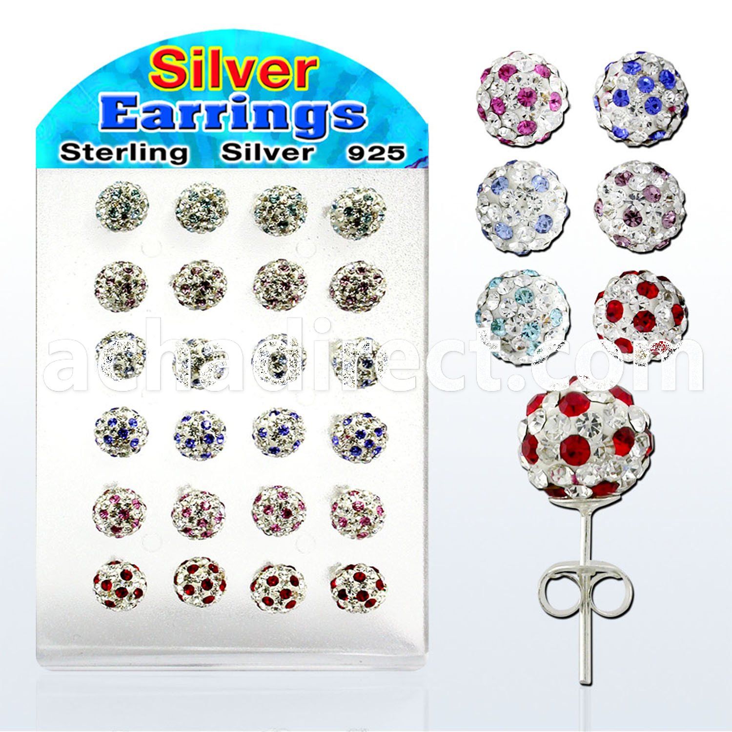 brsfd2 silver earring 8mm ball with ferido glued crystals