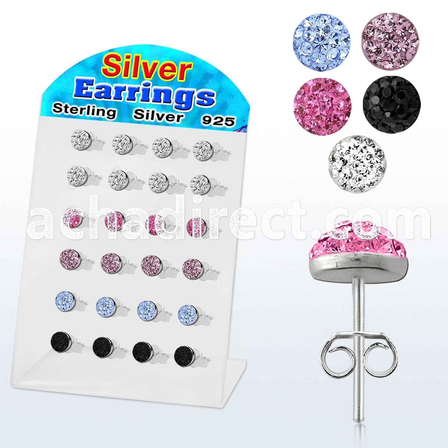 brsfd6 silver earring 6mm round design w ferido glued crystal