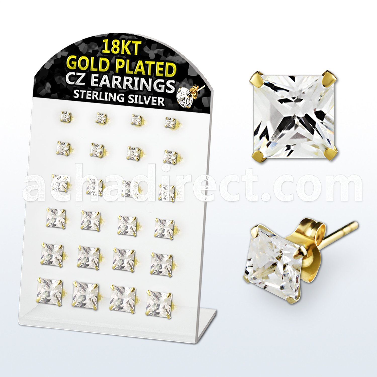 brsgp3 silver ear stud w 18k gold plating square prong cz
