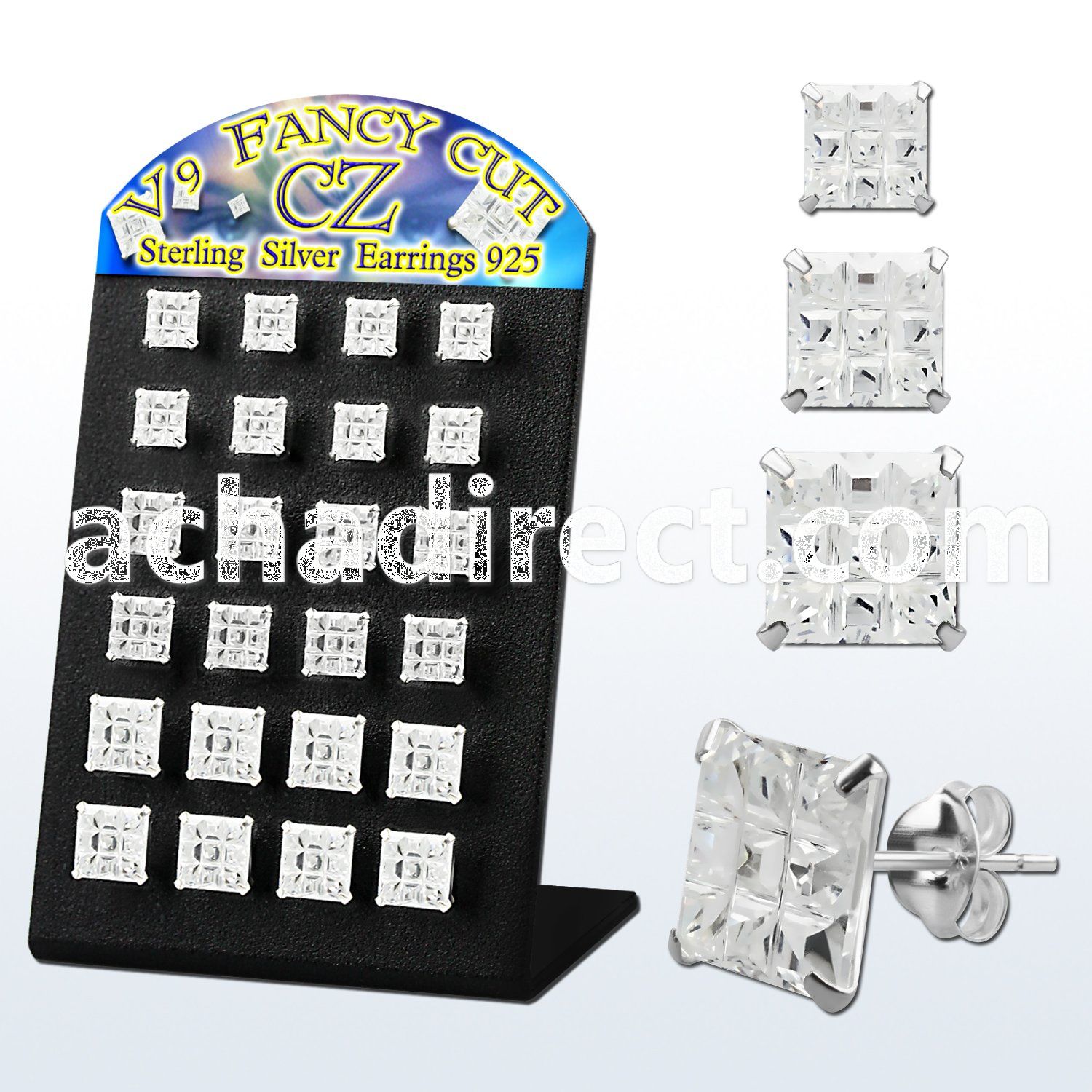 brssqv9 silver ear stud w 6 8mm square prong cz stone