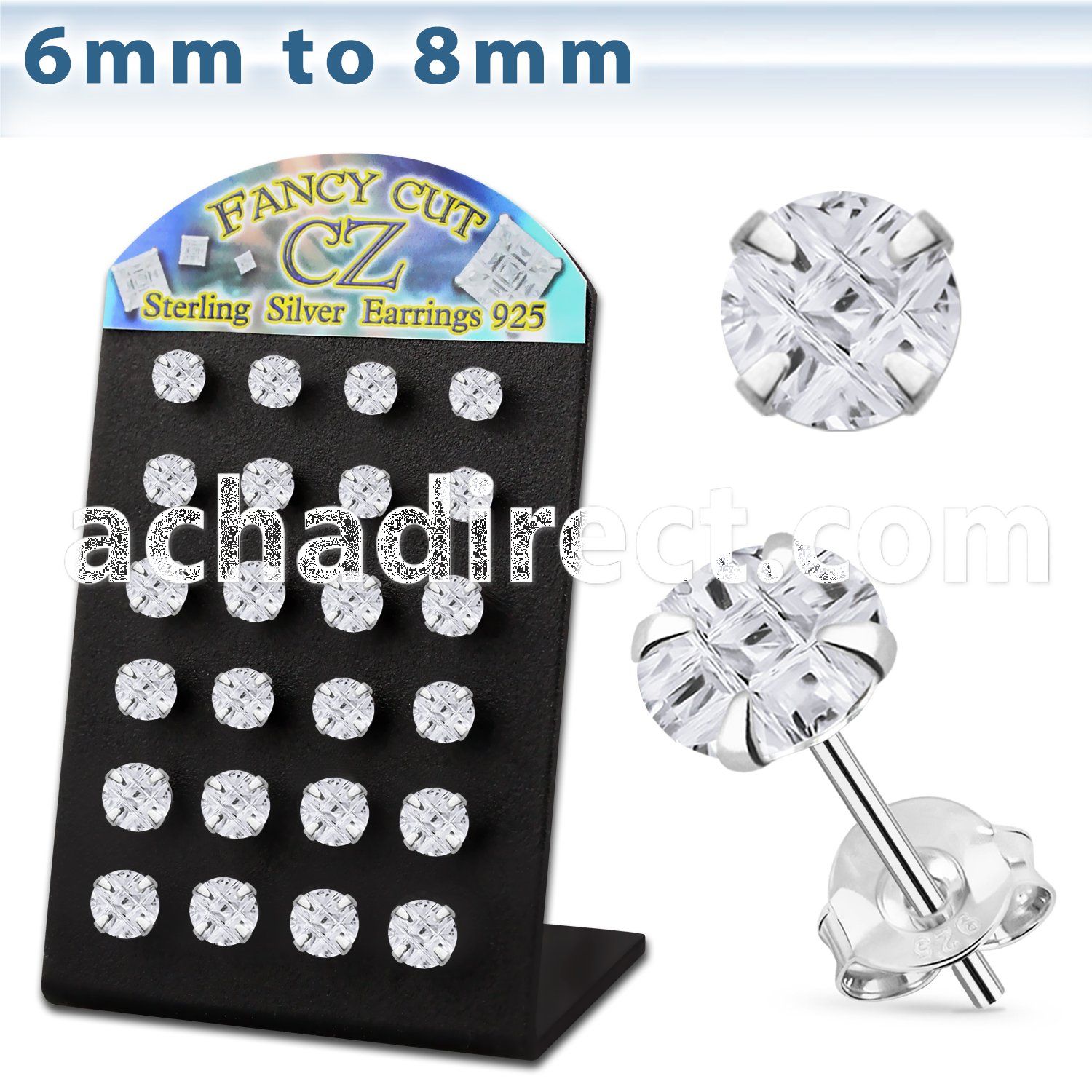 brsv9 silver ear stud w 6 8mm round prong cz stone