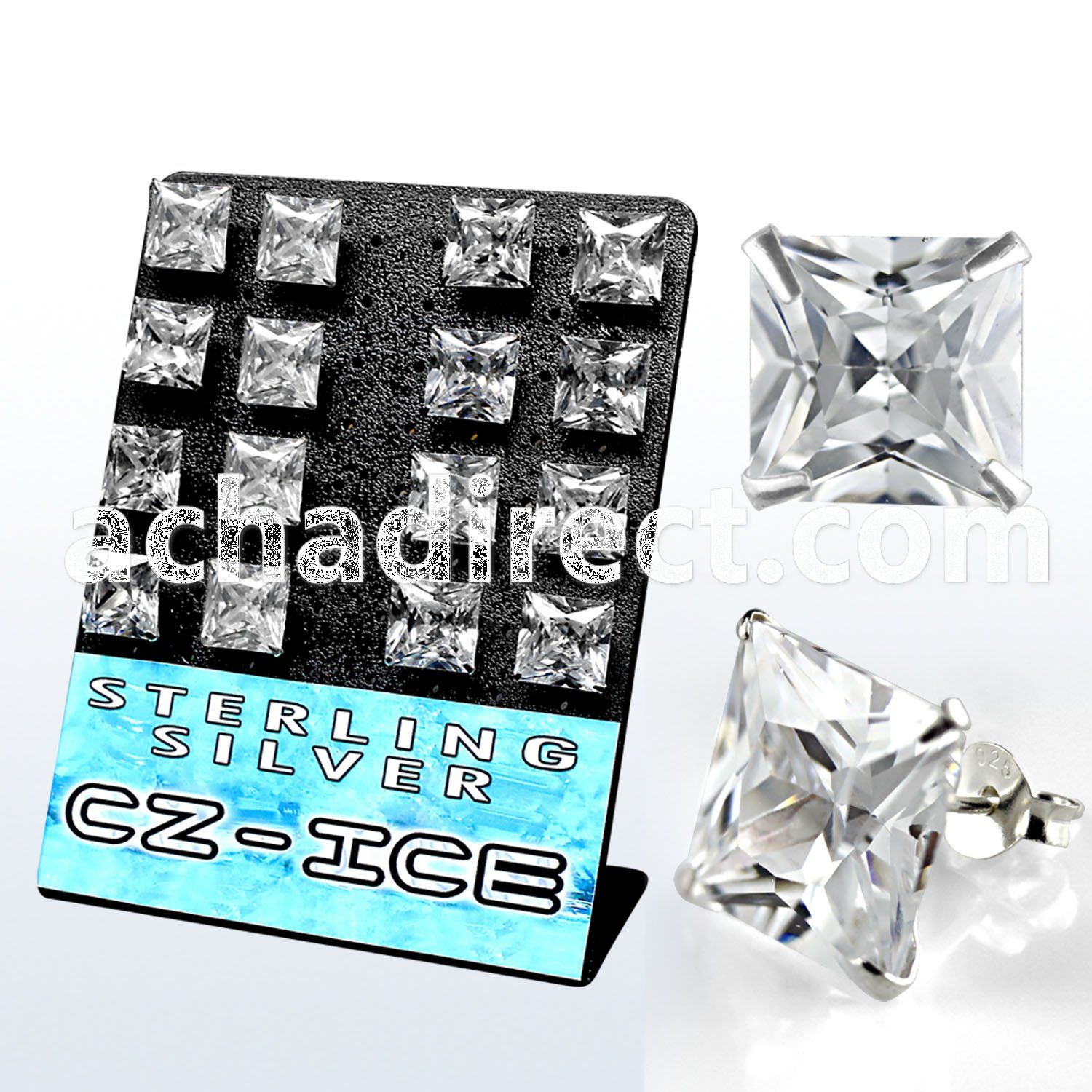 brszq12 silver ear stud with 12mm clear prong square cz stone