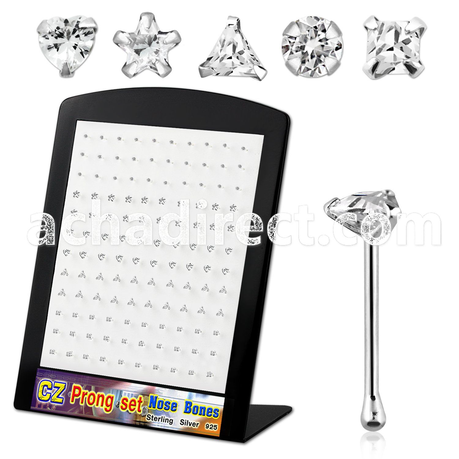 brzbmc silver nose bone with various shaped prong set cz stone