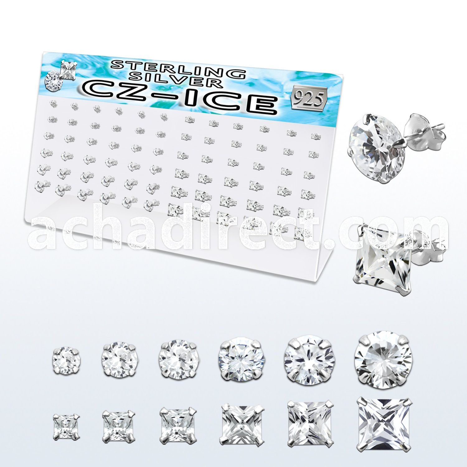 brzm36a silver earring stud with prong round square clear cz