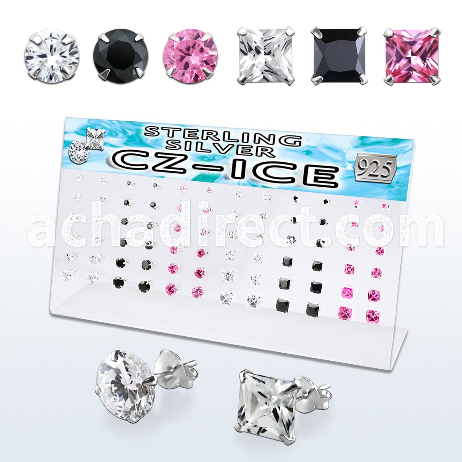 brzm36b silver earring stud with prong set round square cz