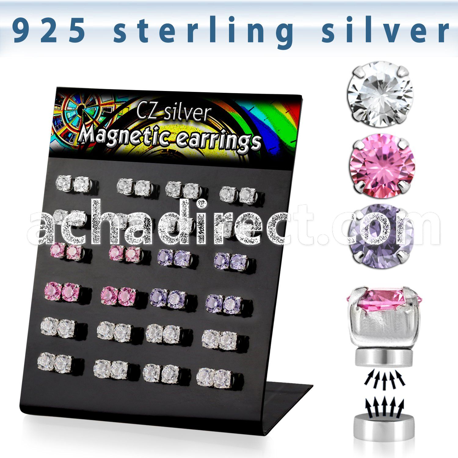 brzmgm silver magnetic ear stud prong round cz stone