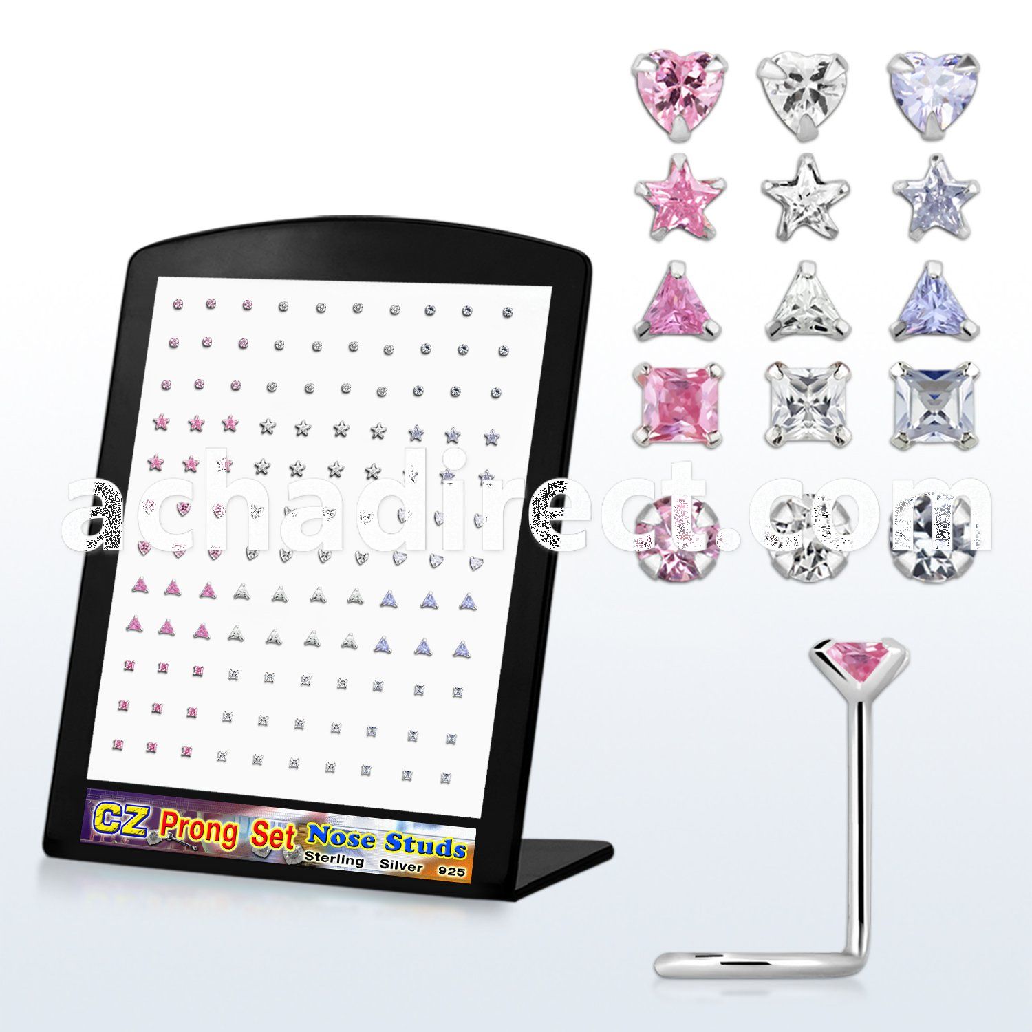 brzsmm silver nose stud with prong various shaped cz stones