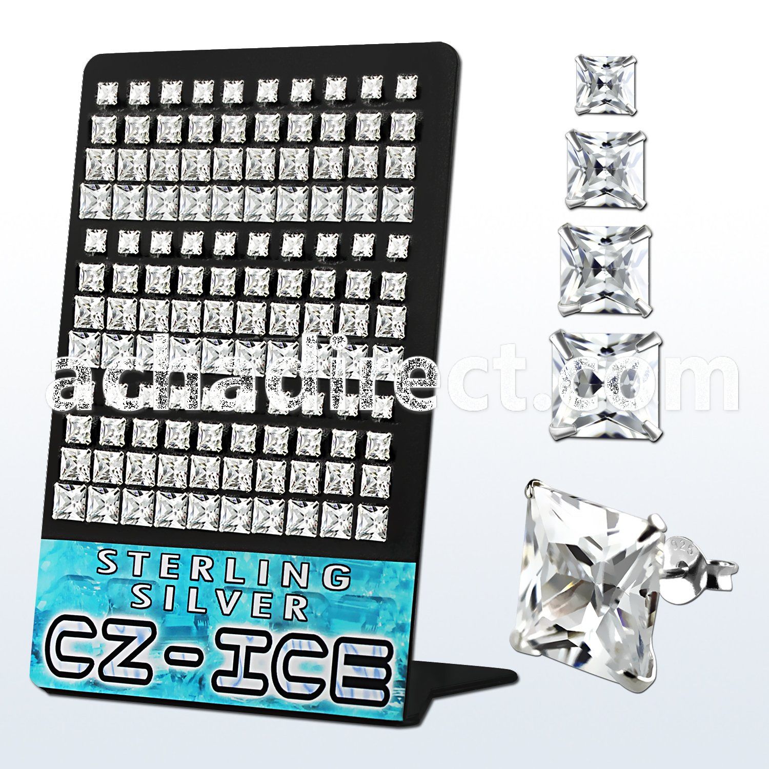 brzsqg silver earring stud with clear prong set square cz stone