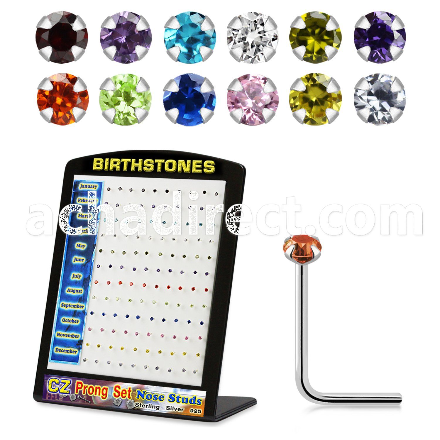 brzst silver nose stud with 2mm round prong set cz birthstones