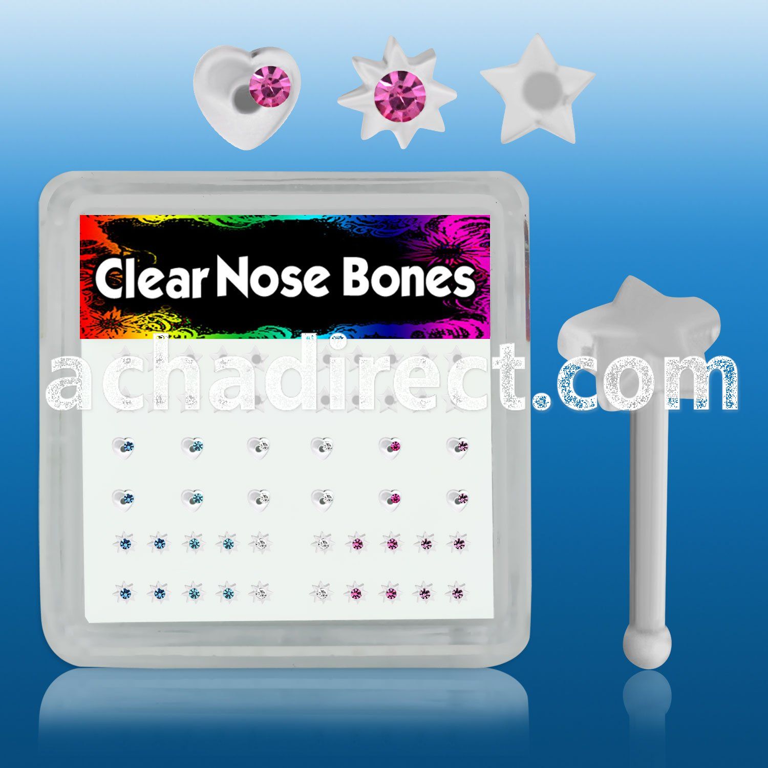 bxa16 clear acrylic nose bone with various shaped crystal tops