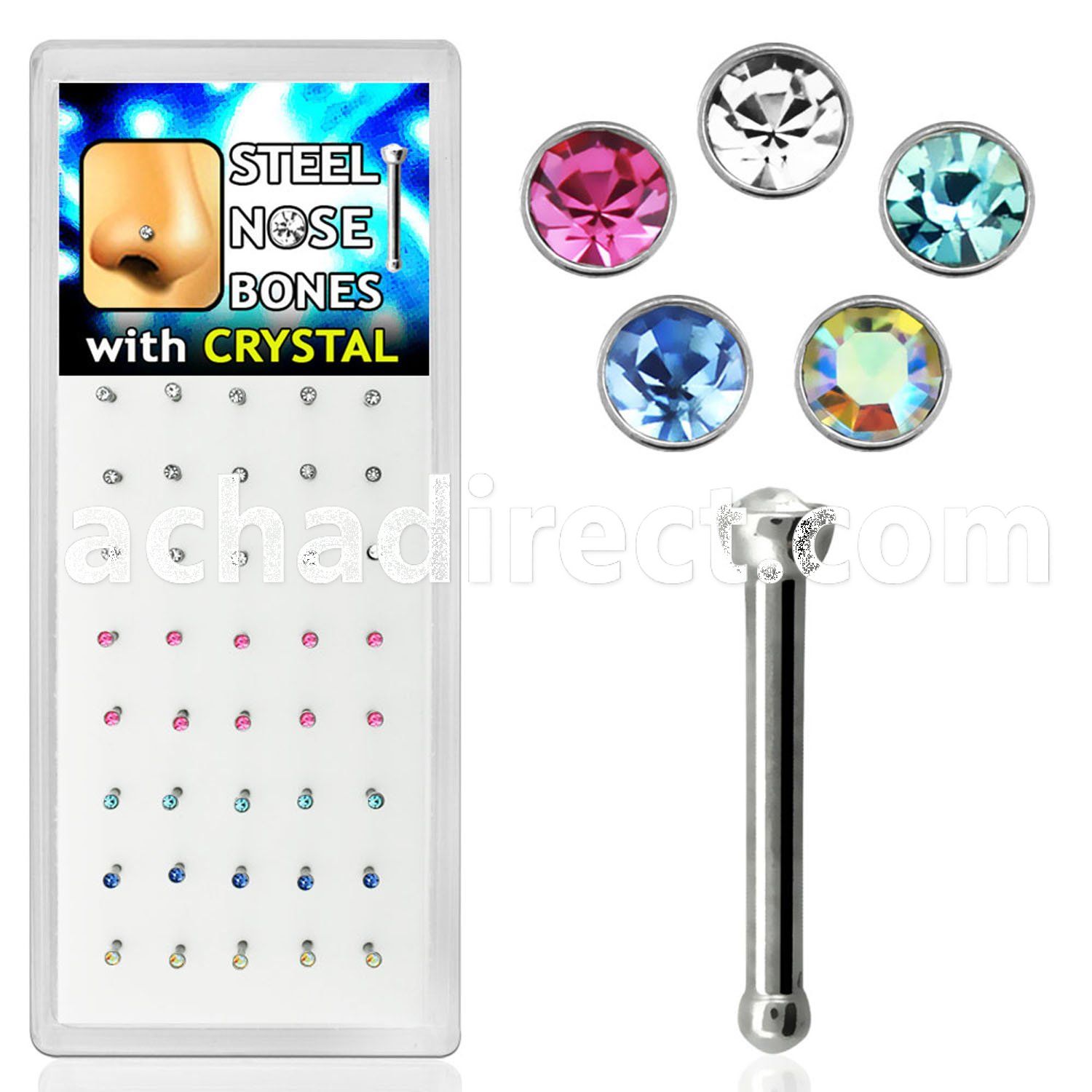 bxb103 316l steel nose bone w assorted colored crystal top