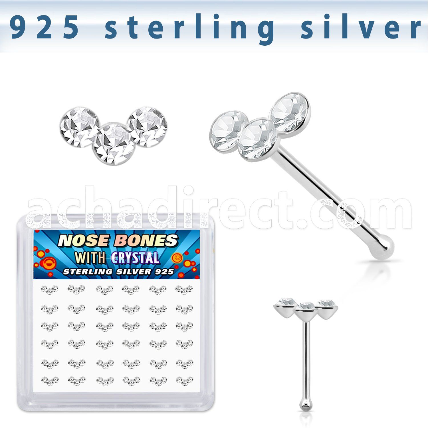 bxcubc36 silver nose bones 22g clear crystals curved 36
