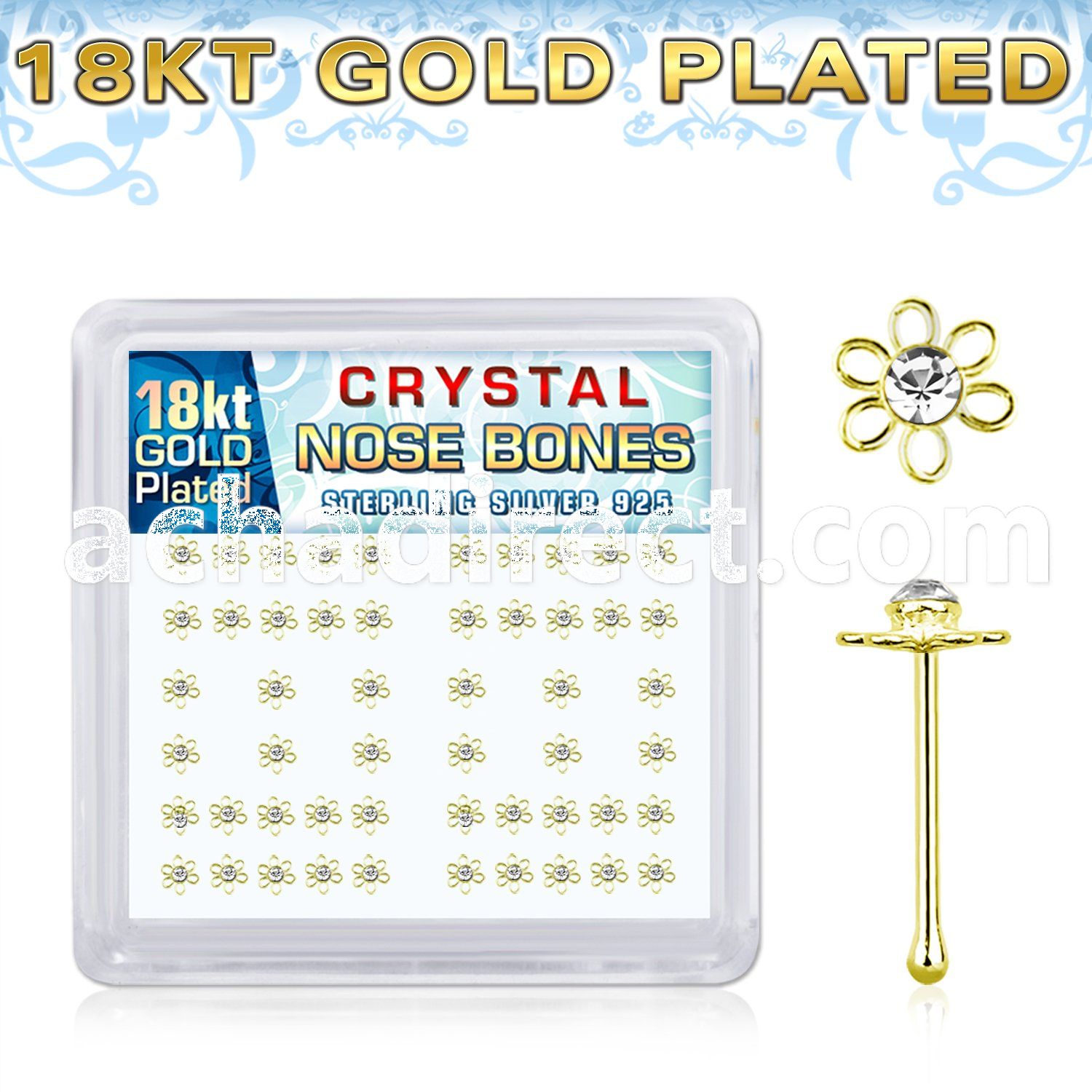 bxfl2cg 18k gold plated silver nose bones clear flower