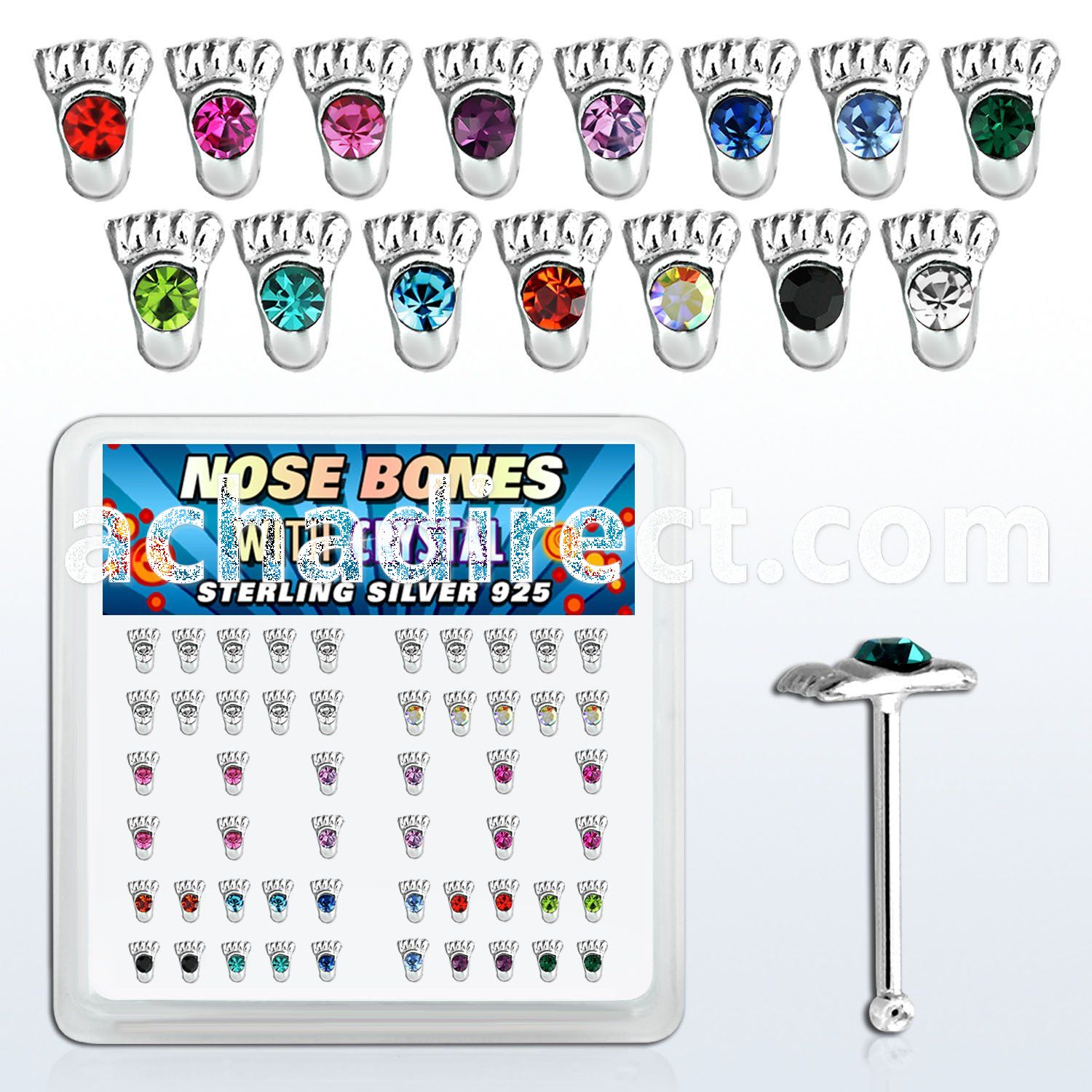 bxftm silver nose bone with colored crystal foot print top