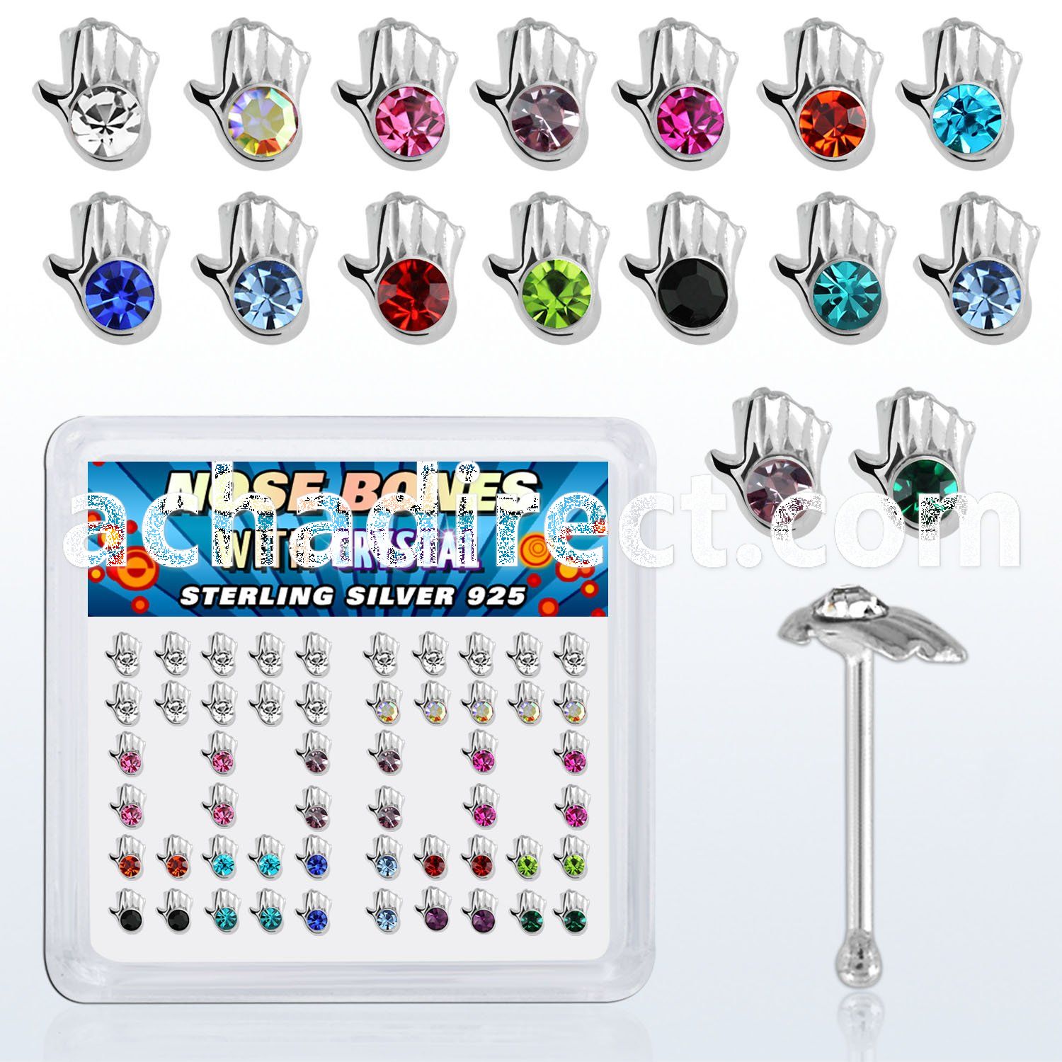 bxhdm silver nose bone withcolored crystal hand shaped top