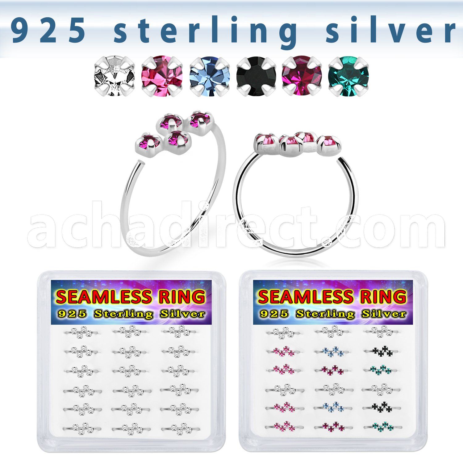 bxnhmx1 silver seamless nose ring 22g four crystals 18pcs