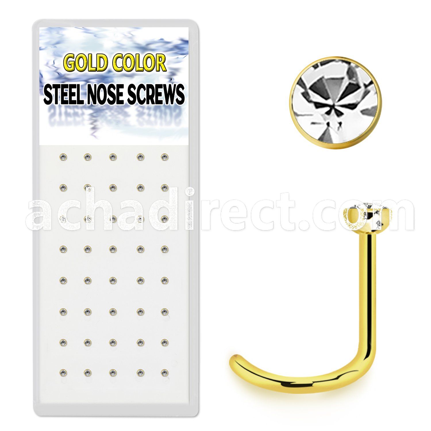 bxns3 gold anodized 316l nose screw w clear round crystal top