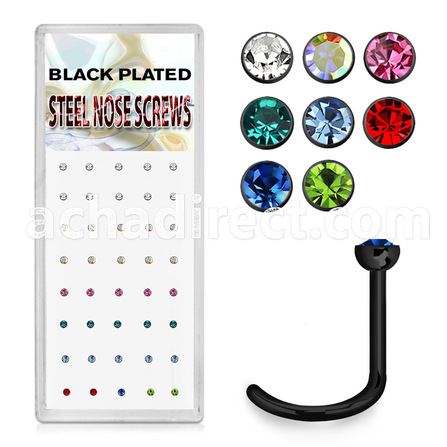 bxns5b black anodized 316l nose screw w colored crystal top