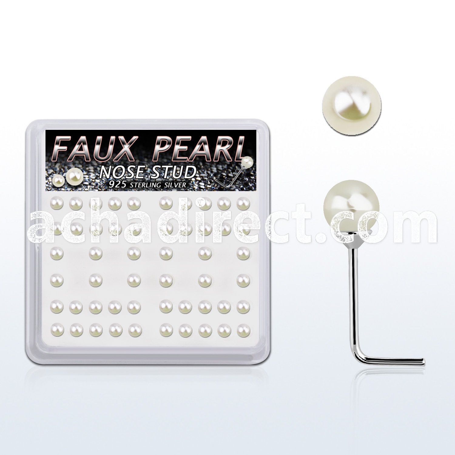 bxnspr3 box w silver nose studs w 3mm faux pearl ball tops
