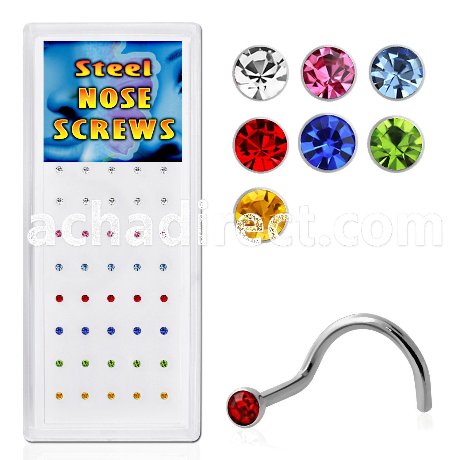 bxs103 316l steel nose screw with colored round crystal top