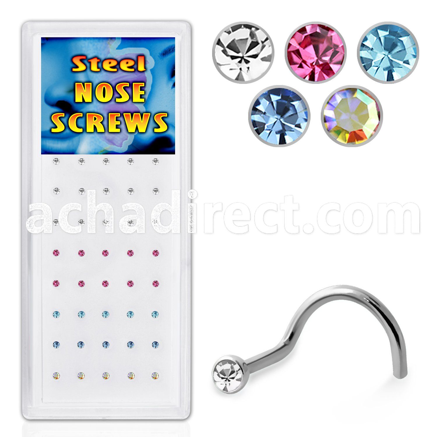bxs103b 316l steel nose screw with colored crystal top