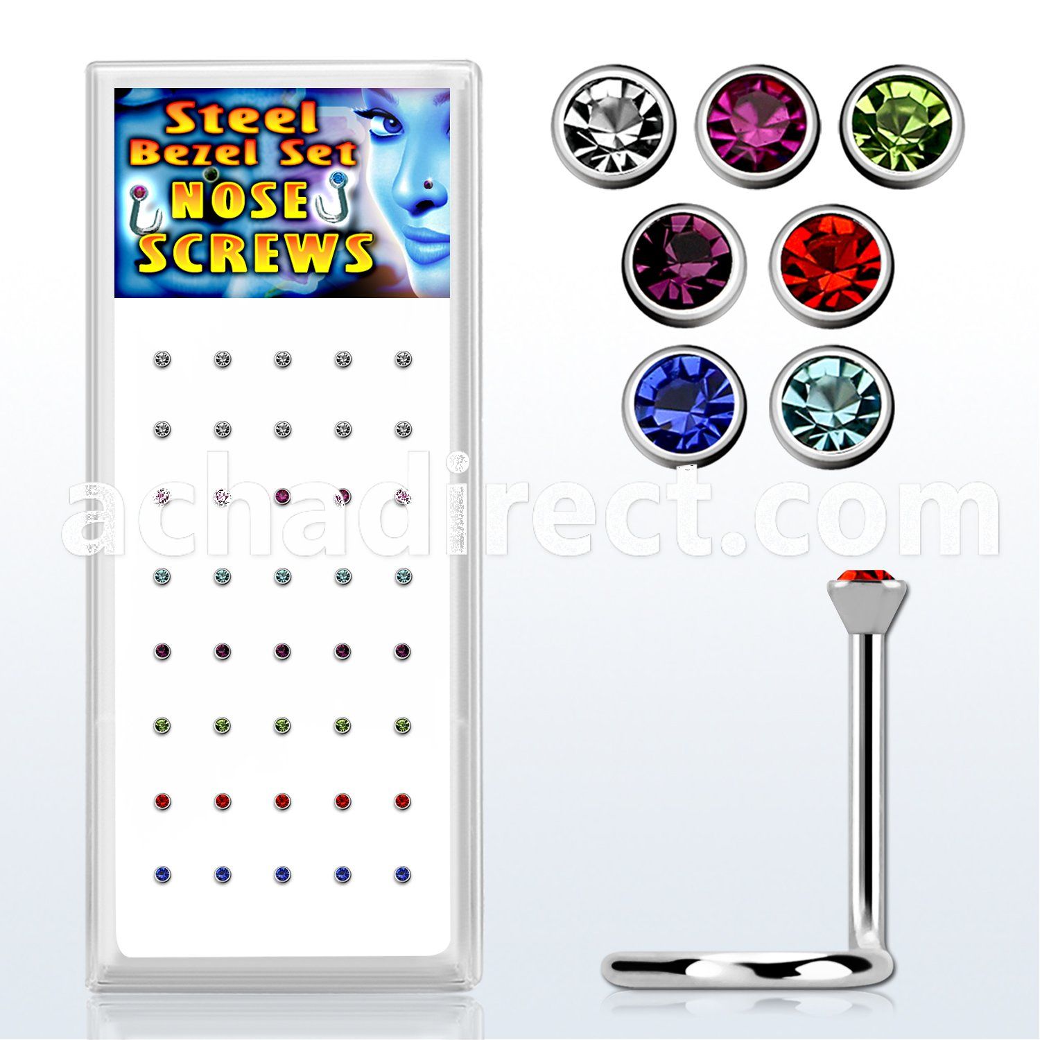 bxs106 box w 16l steel nose screws w 2.5mm bezel set crystals