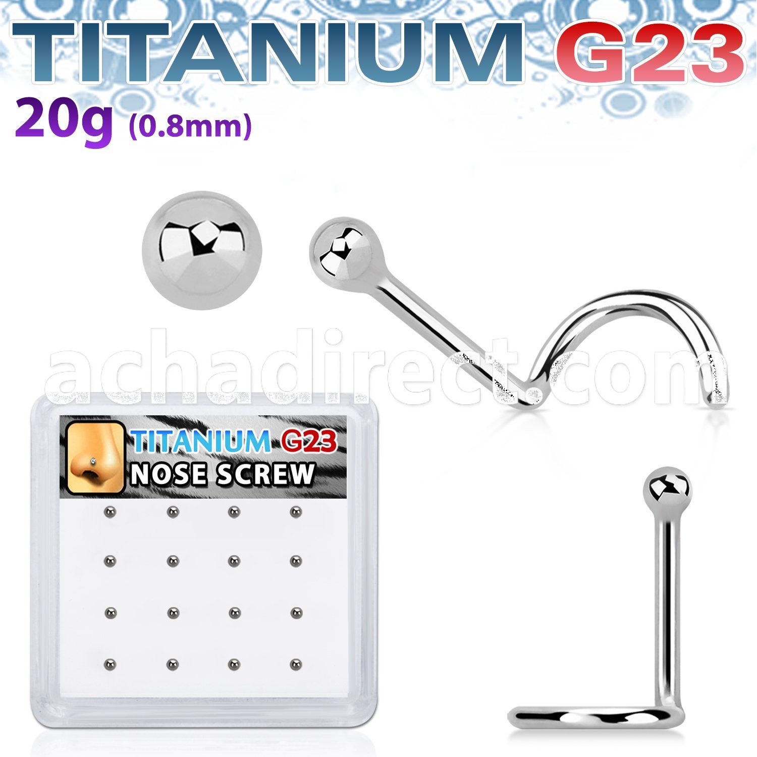 bxuns5 box w titanium g23 nose screws 20g w 2mm ball shaped tops