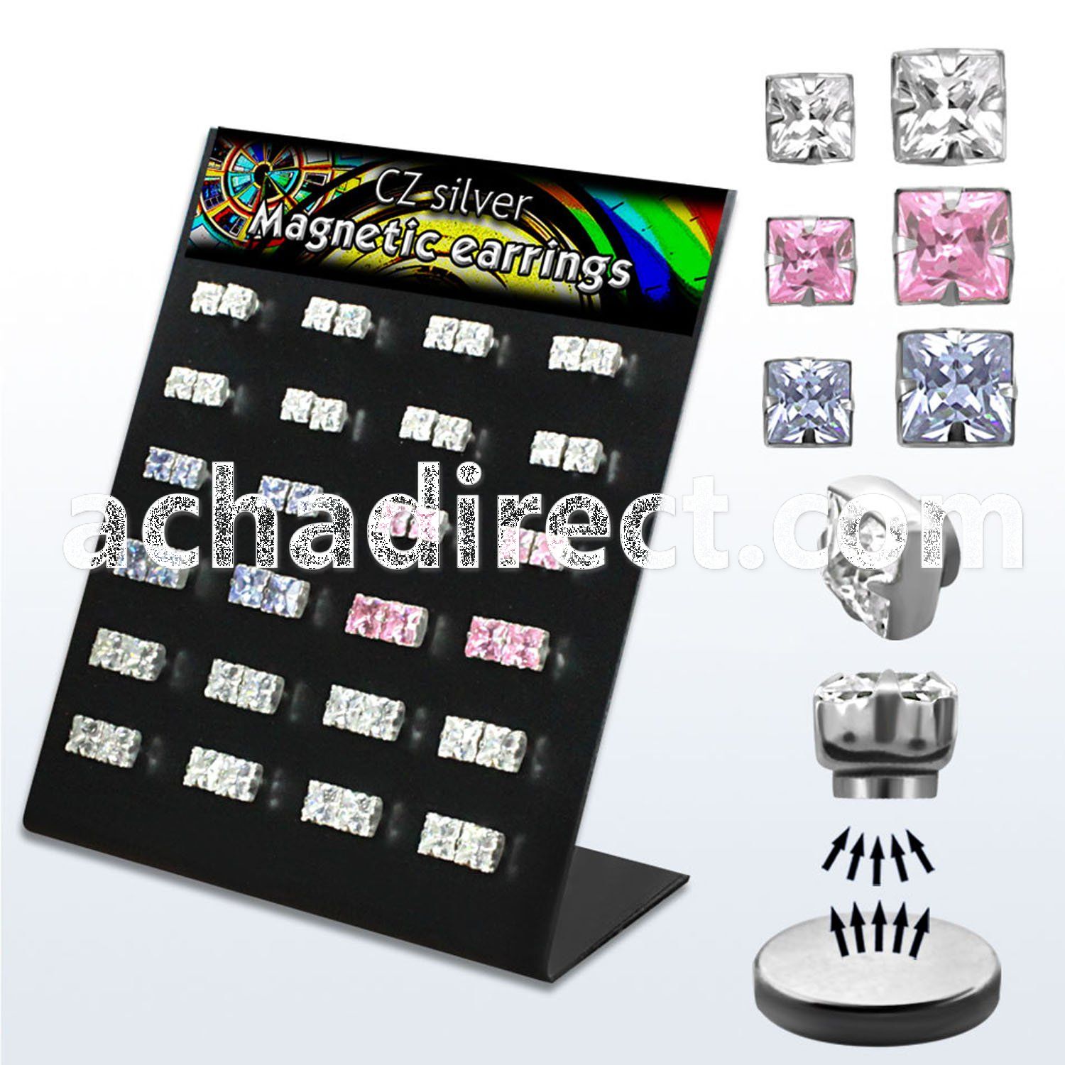 bzqmgm silver magnetic ear stud with prong set square cz stone