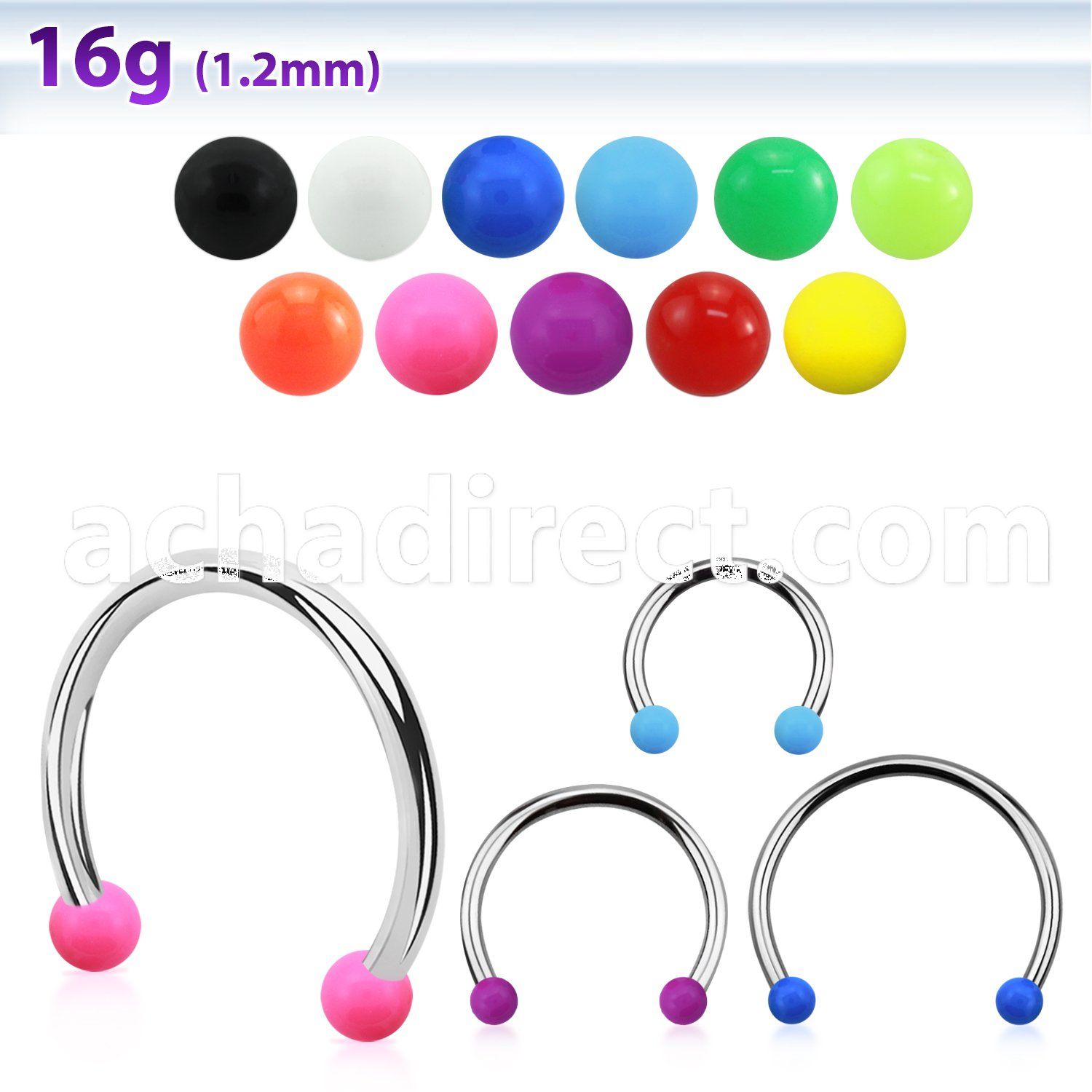 cbesabl xxl steel circular barbell, 16g w 3mm solid acrylic ball