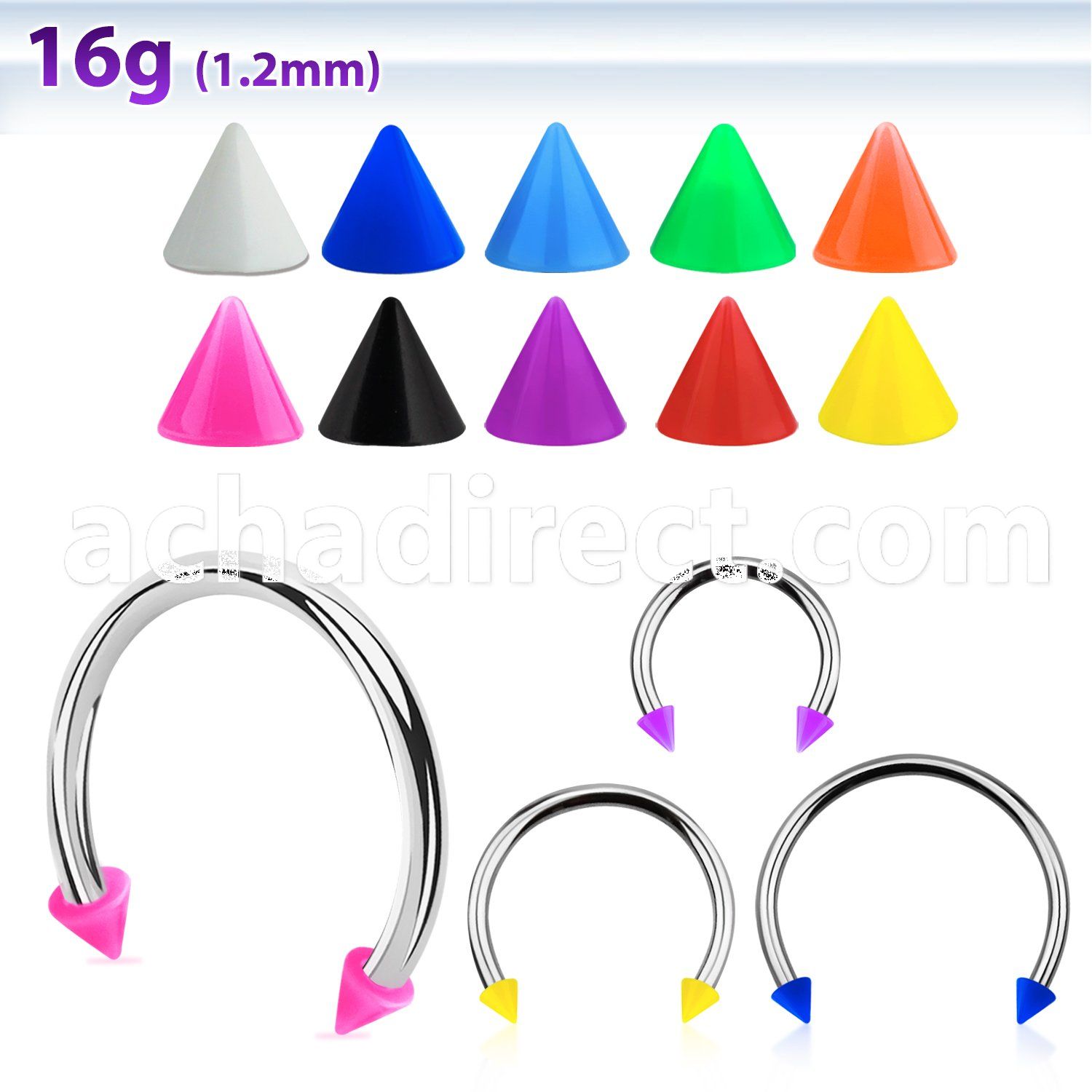 cbesacnl xxl steel circular barbell, 16g w 3mm solid acrylic cone