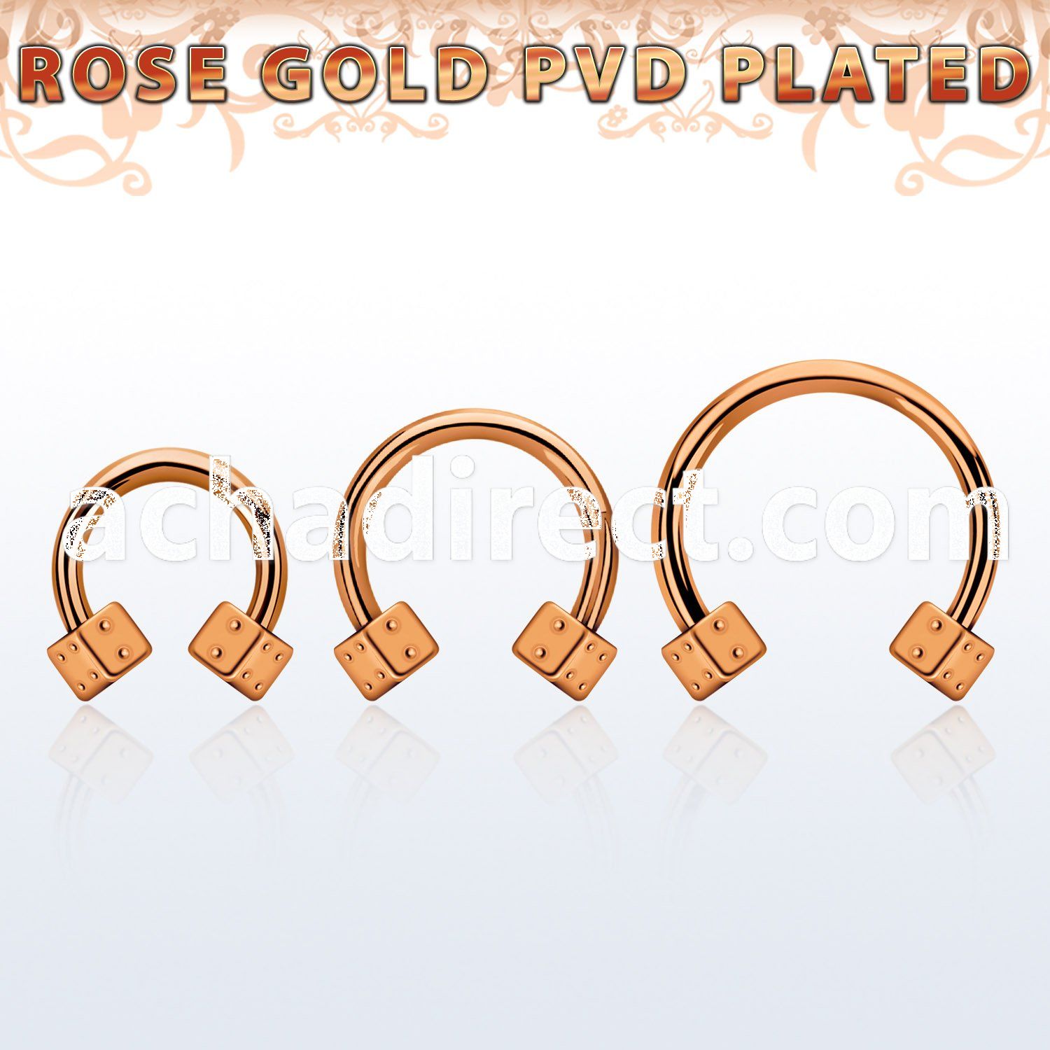 cbettd25 rose gold steel circular barbell w 2 2.5mm dices