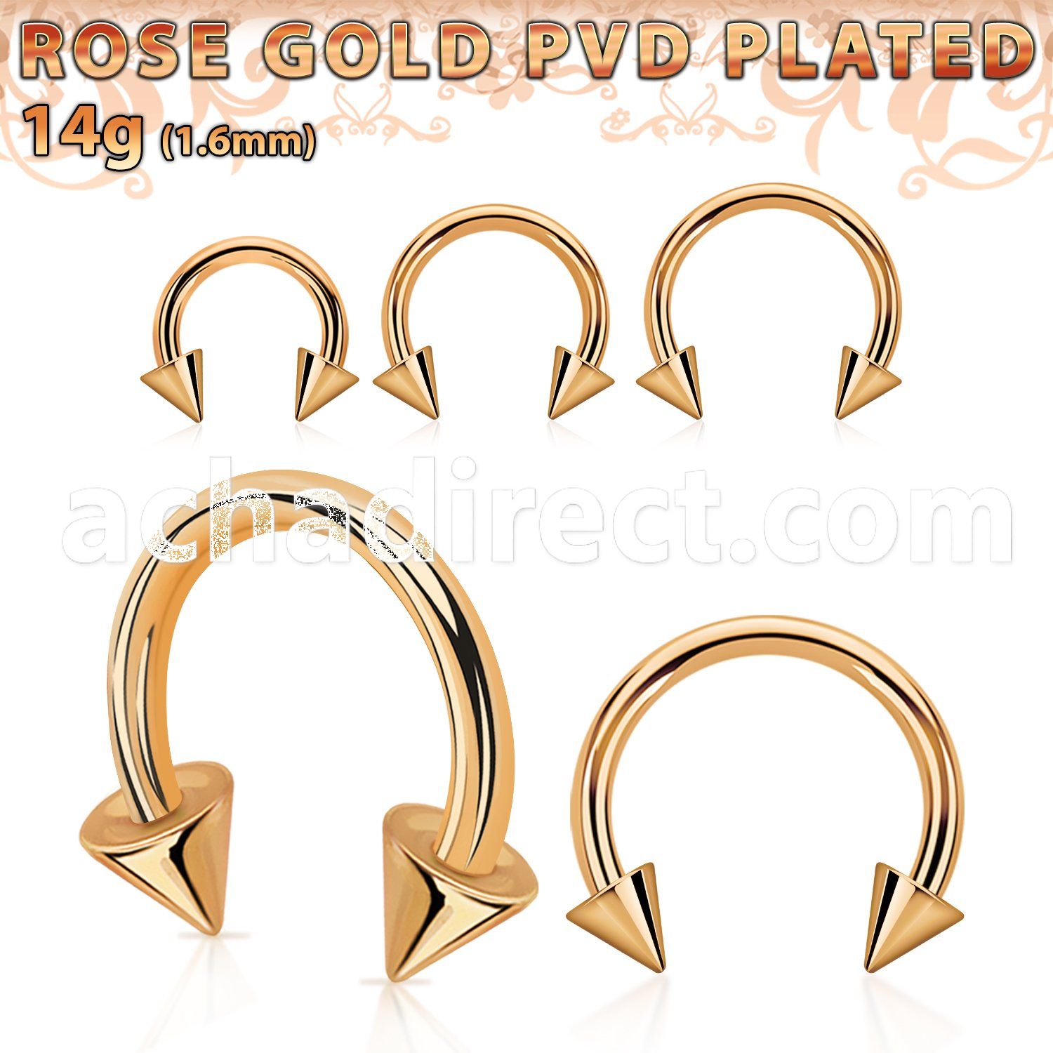 cbttcnm rose gold pvd plated steel circular barbell w 4mm cones
