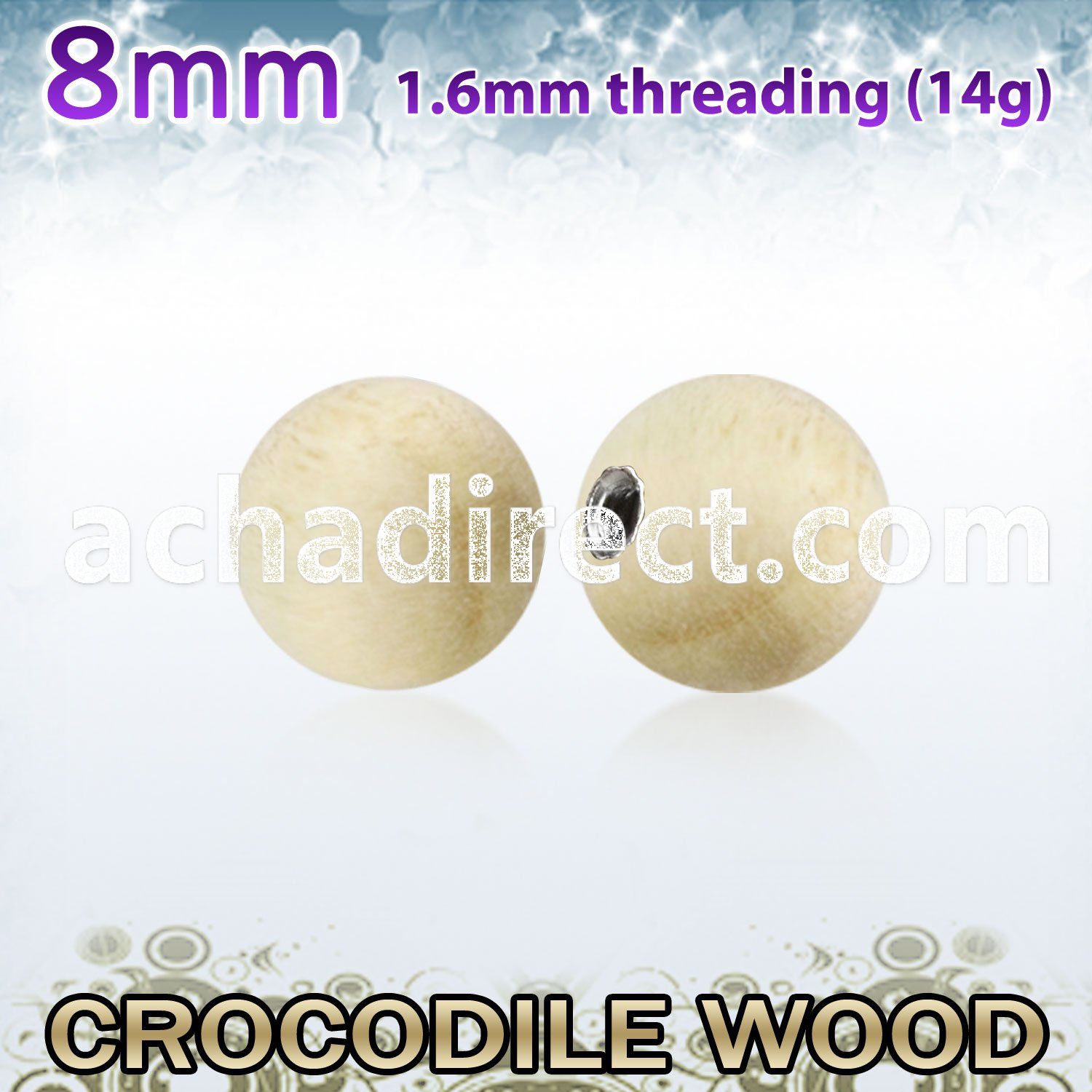 crball8 8mm crocodile wood ball with 316l steel 1.6mm threading