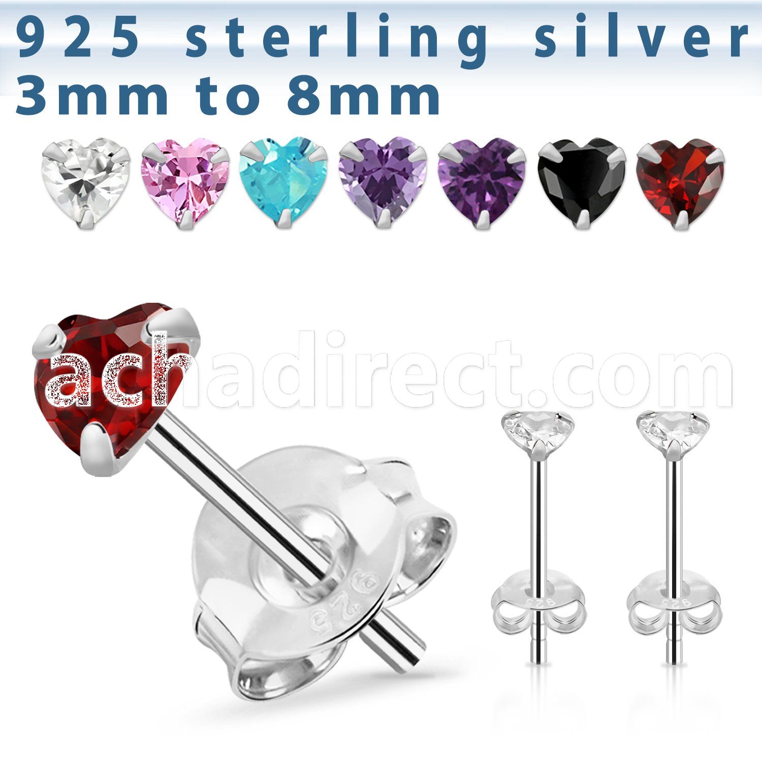 czhtm silver ear studs with heart prong set cz stone