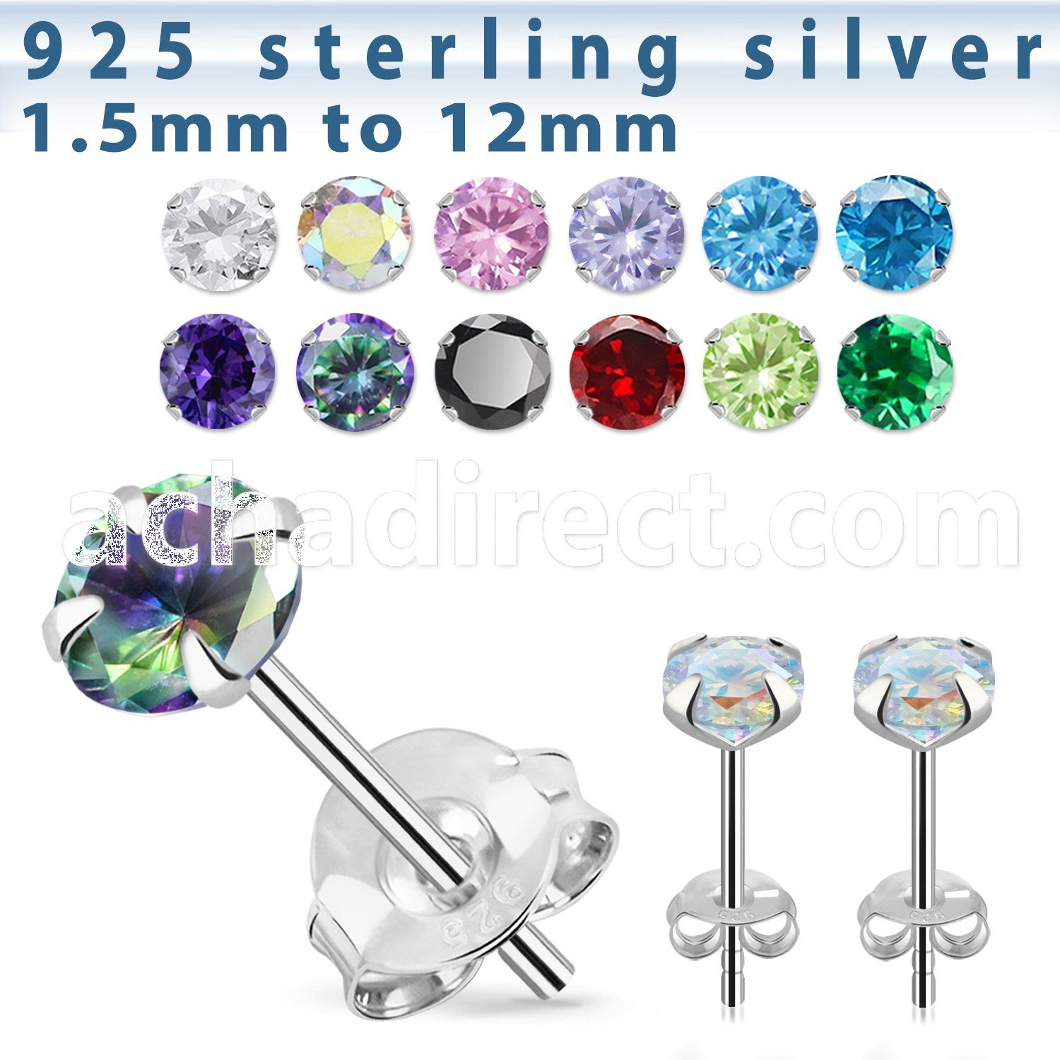 czrdm silver ear studs with round prong set cz stone