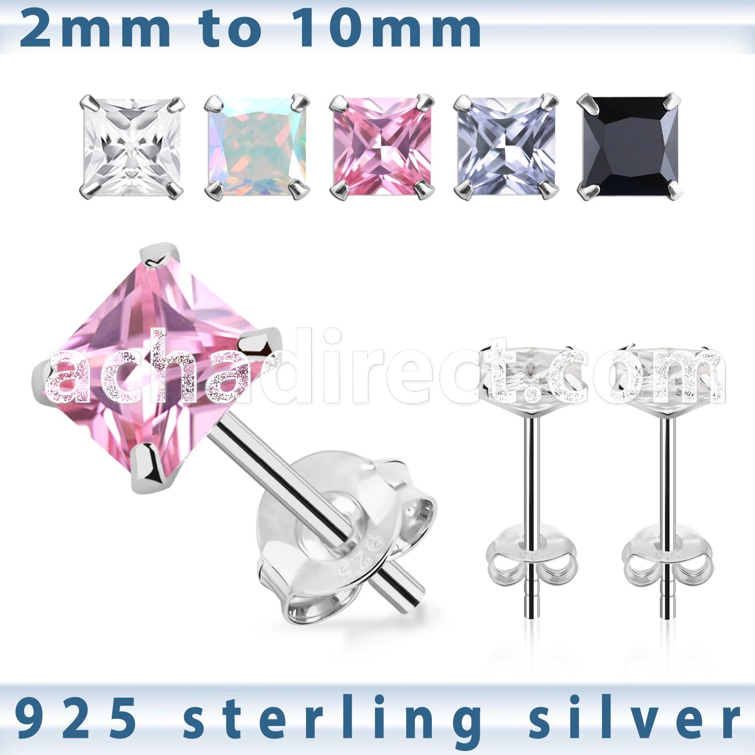 czsqm silver ear studs with square prong set cz stone
