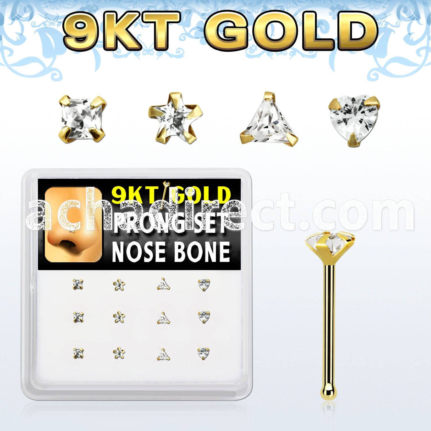 d9gnb13 box w 9kt gold nose bones w czs in mixed shape