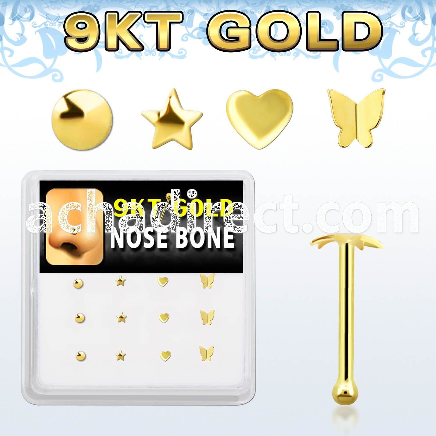 d9gnb16 box w 9kt gold nose bones with mixed plain tops