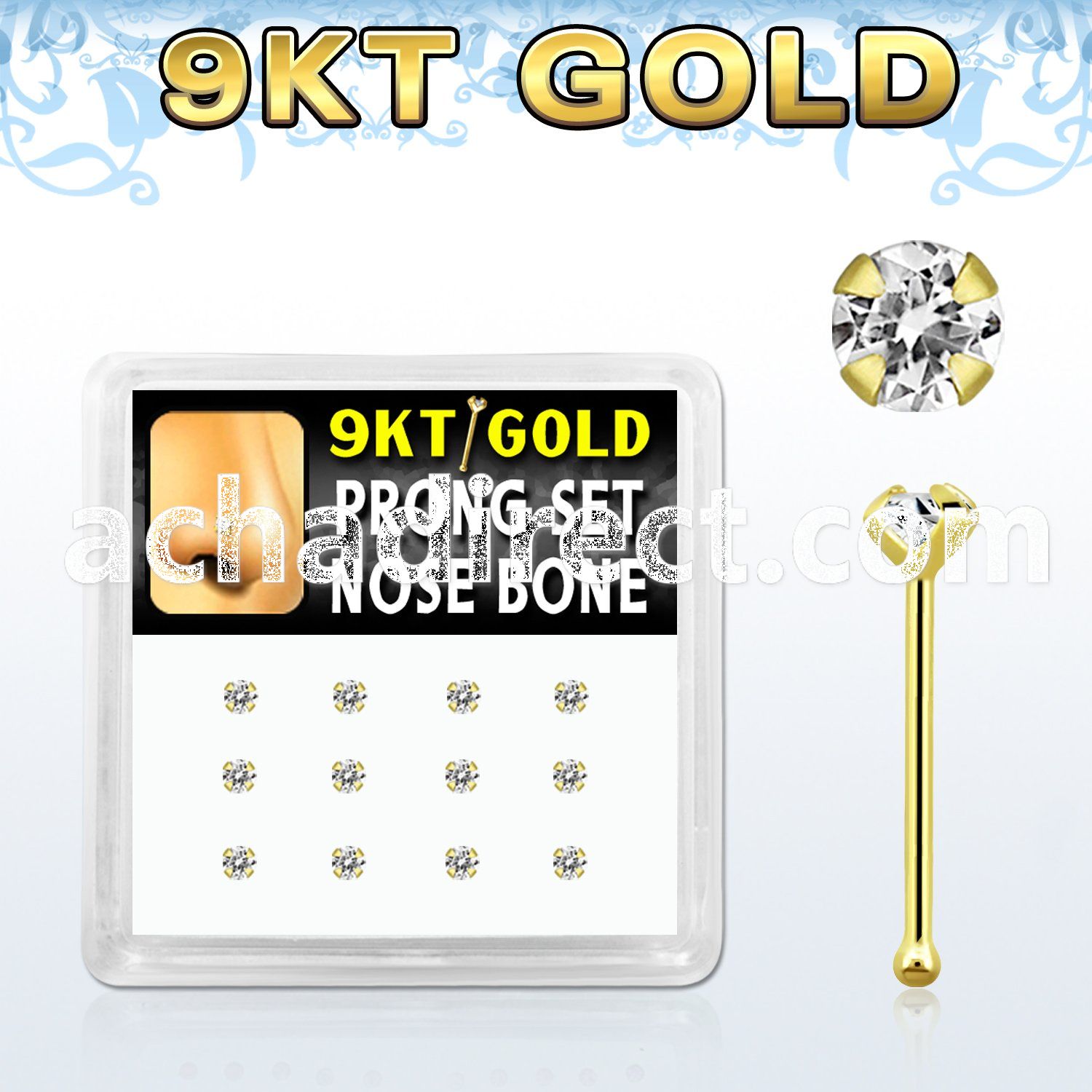 d9gnb19 9kt gold nose bone w 2mm prong set round clear cz stone