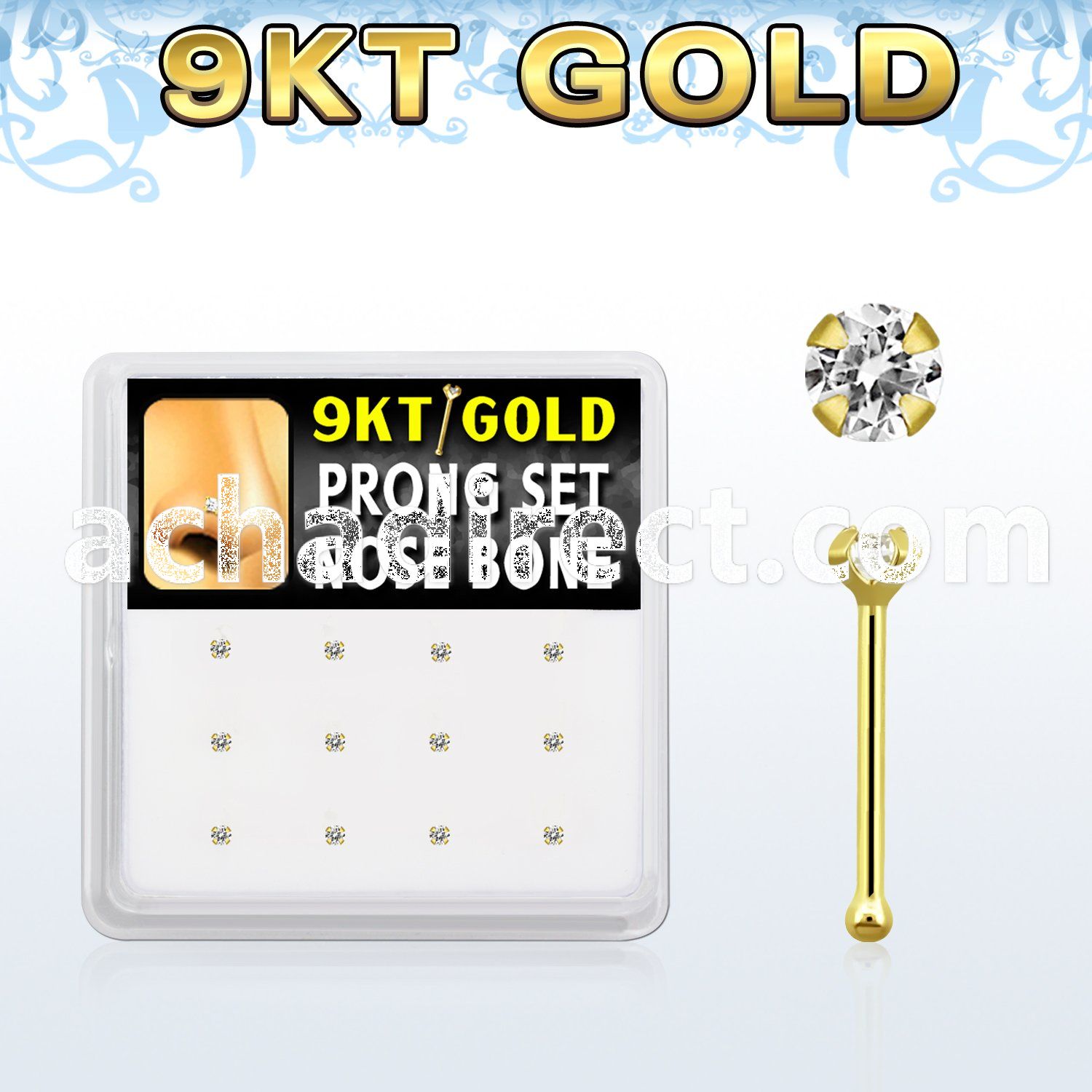 d9gnb1 9kt gold nose bone w clear round prong set cz stone