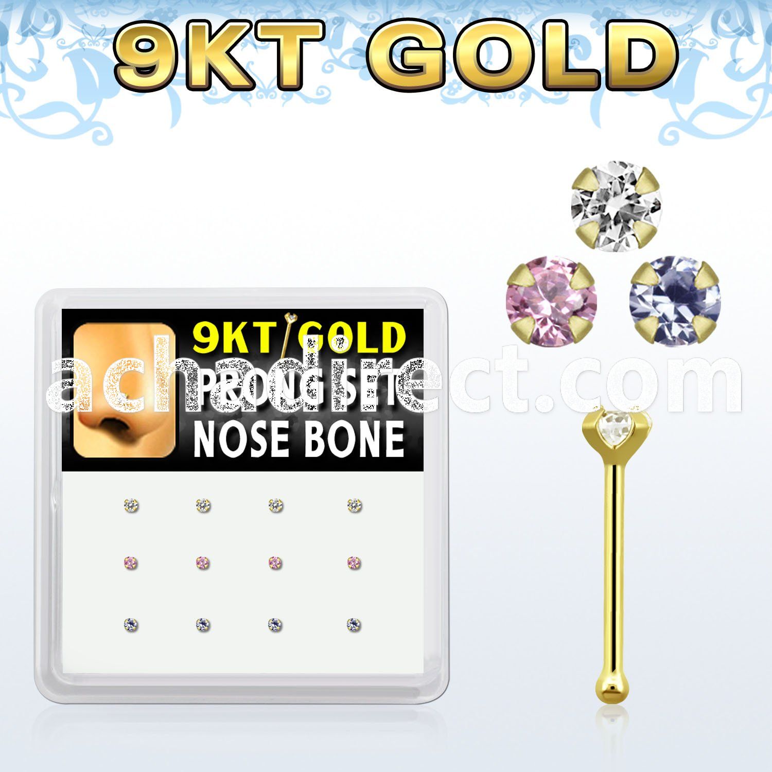 d9gnb2 9kt gold nose bone w assorted colored prong cz stone