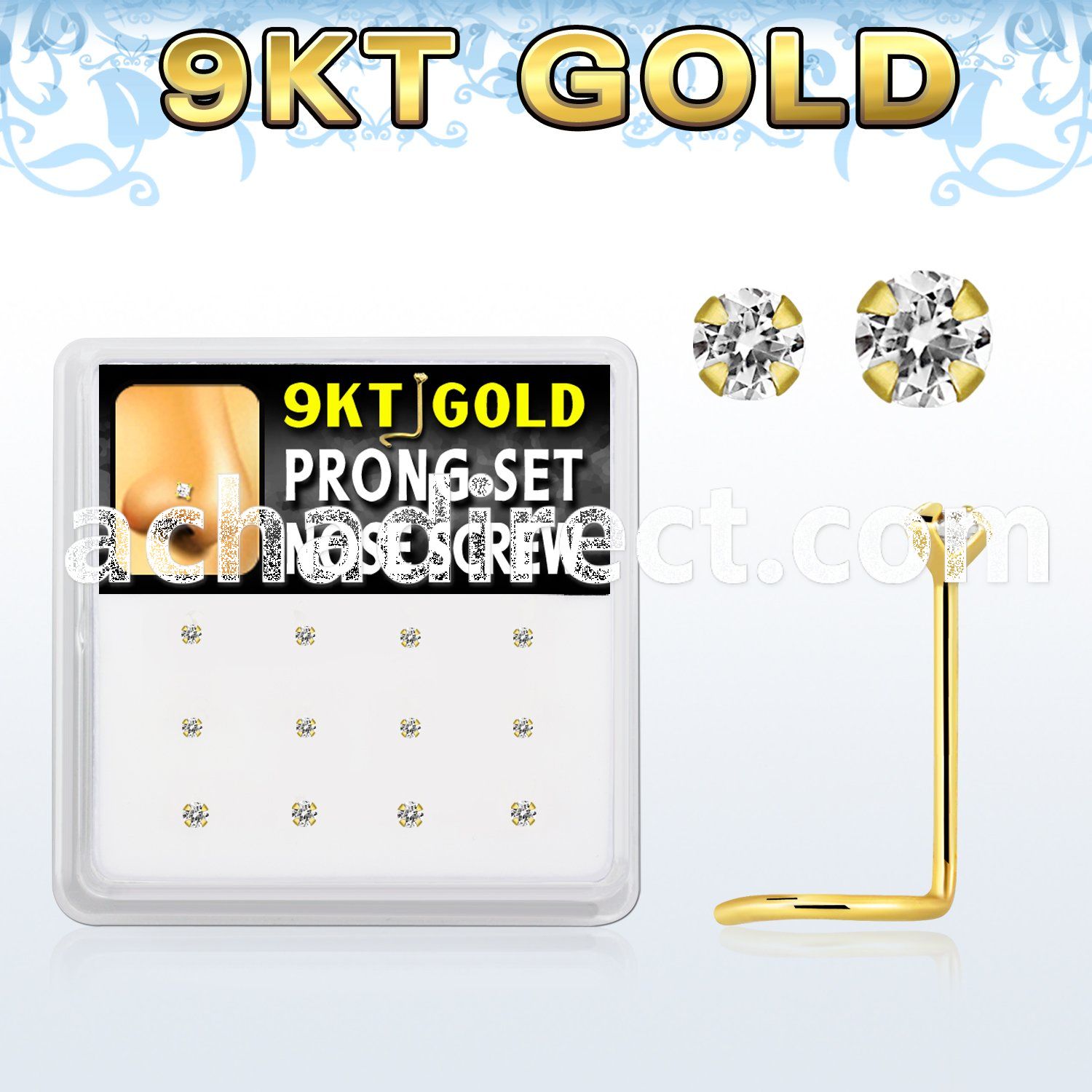 d9gsc11 box w 12 pcs of 9kt gold nose screw w 1.5 2mm clear cz