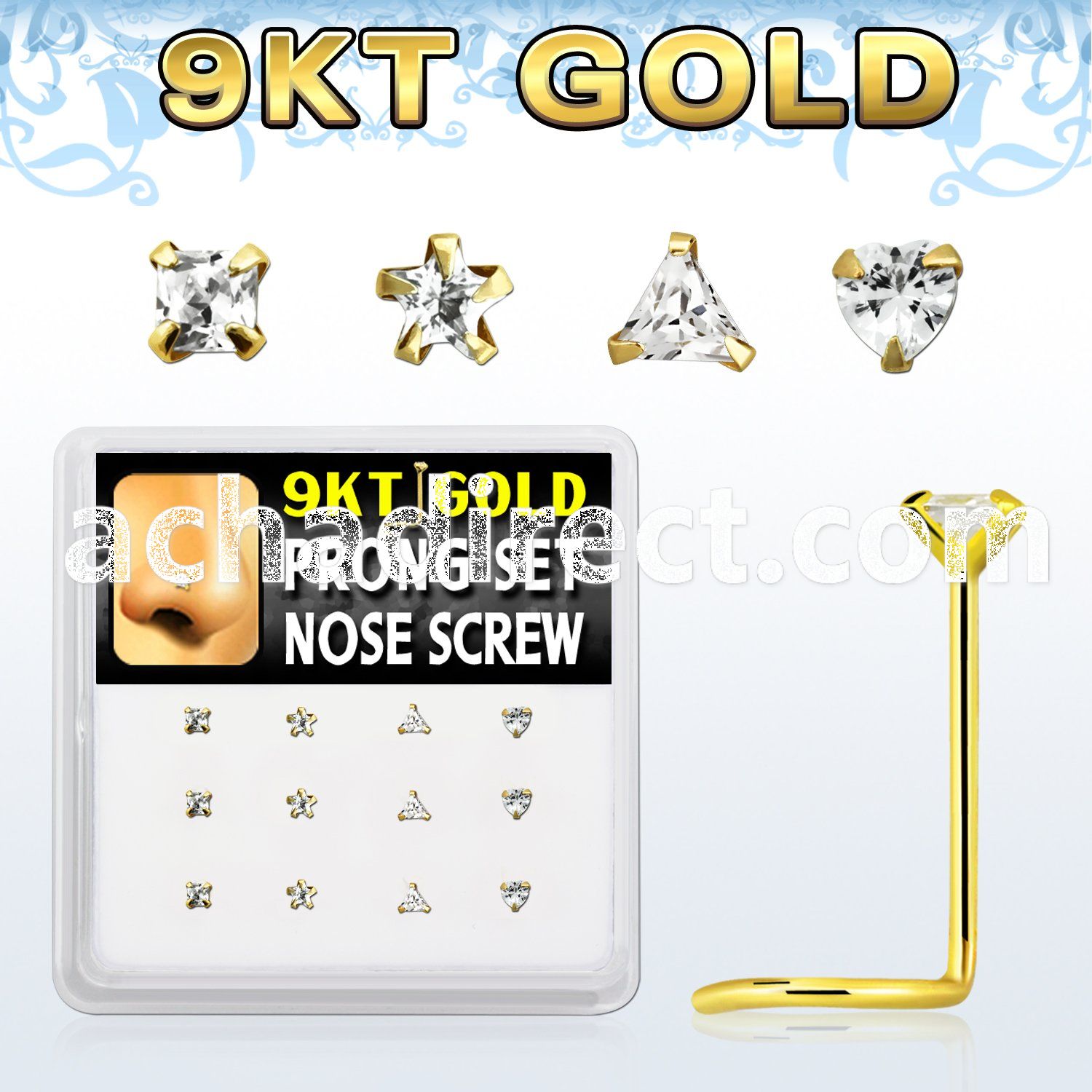d9gsc13 box w 9kt gold nose stud w czs in mixed shape